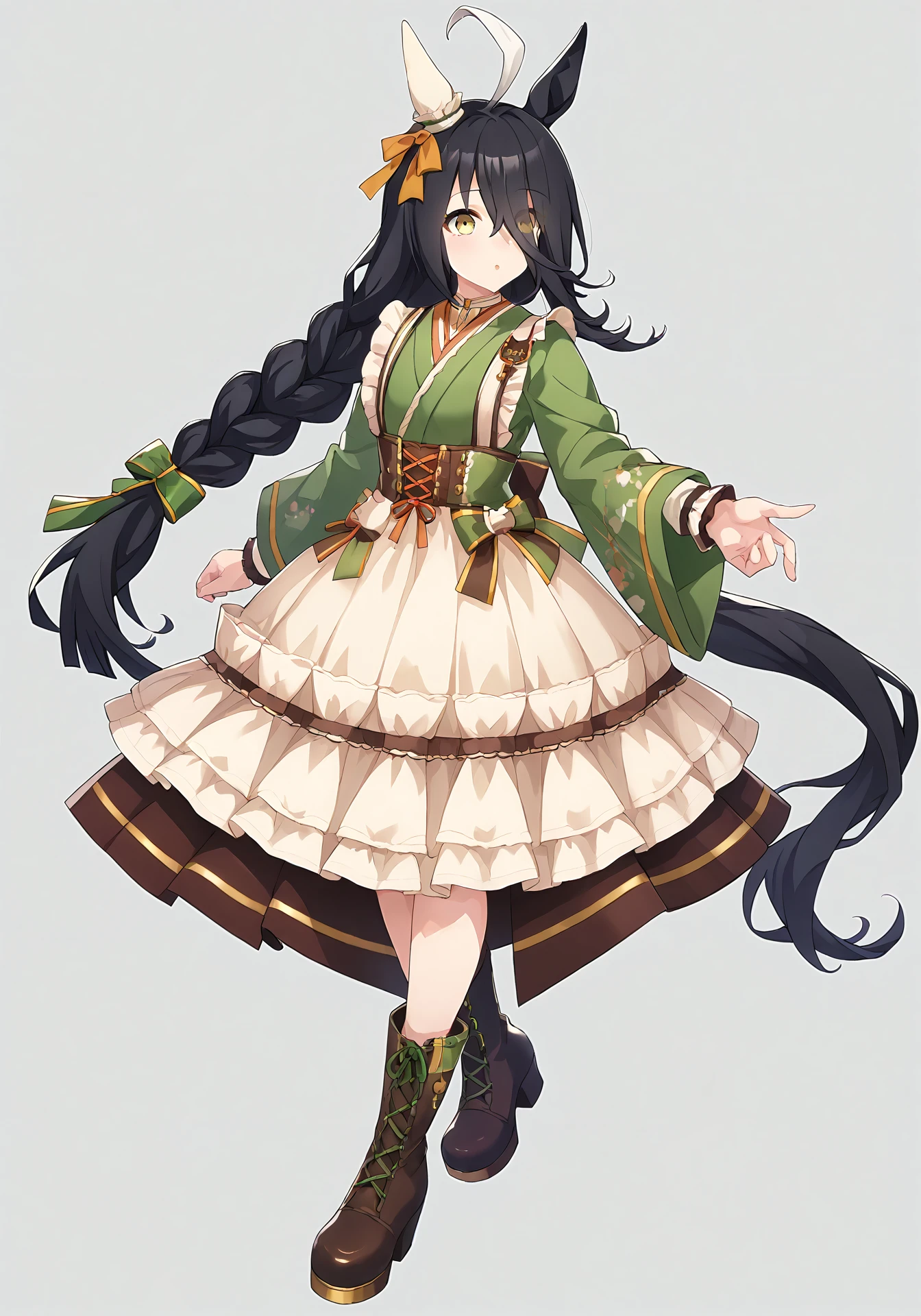 (white background:1.5),(simple background:1.5),umaofficial,umachar,1girl,solo,mcafe,black hair,long hair,white ahoge,yellow eyes,horse girl,
mcverdant,frilled apron,green kimono,wa maid,braided ponytail,green hair bow,cross-laced brown boots,single ear cover,yellow ear ribbon,
full body,standing,
score_9,score_8_up,score_7_up,source_anime,masterpiece,best quality,highres,amazing quality,<lora:ManhattanCafePonyV1:1>,<lora:UmaOfficialPonyV1.0:0.8>,