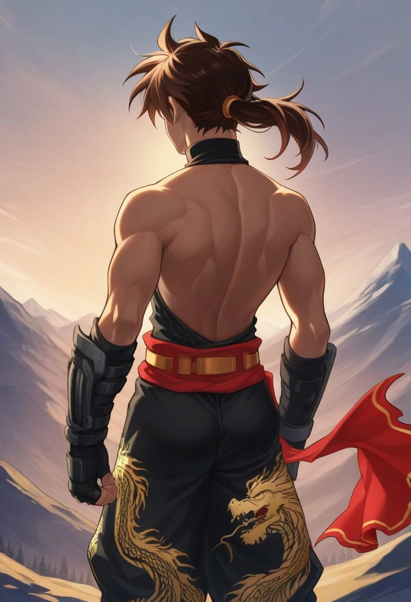 1male, male anime character, Kirin, brown hair, ponytail, back view, sleeveless turtleneck, backess outfit, exposed back, well-toned body, backless outfit, arm gauntlets, fingerless gloves, red waistcloth, belt, black baggy pants, golden dragon print pants, atop the mountain, nature