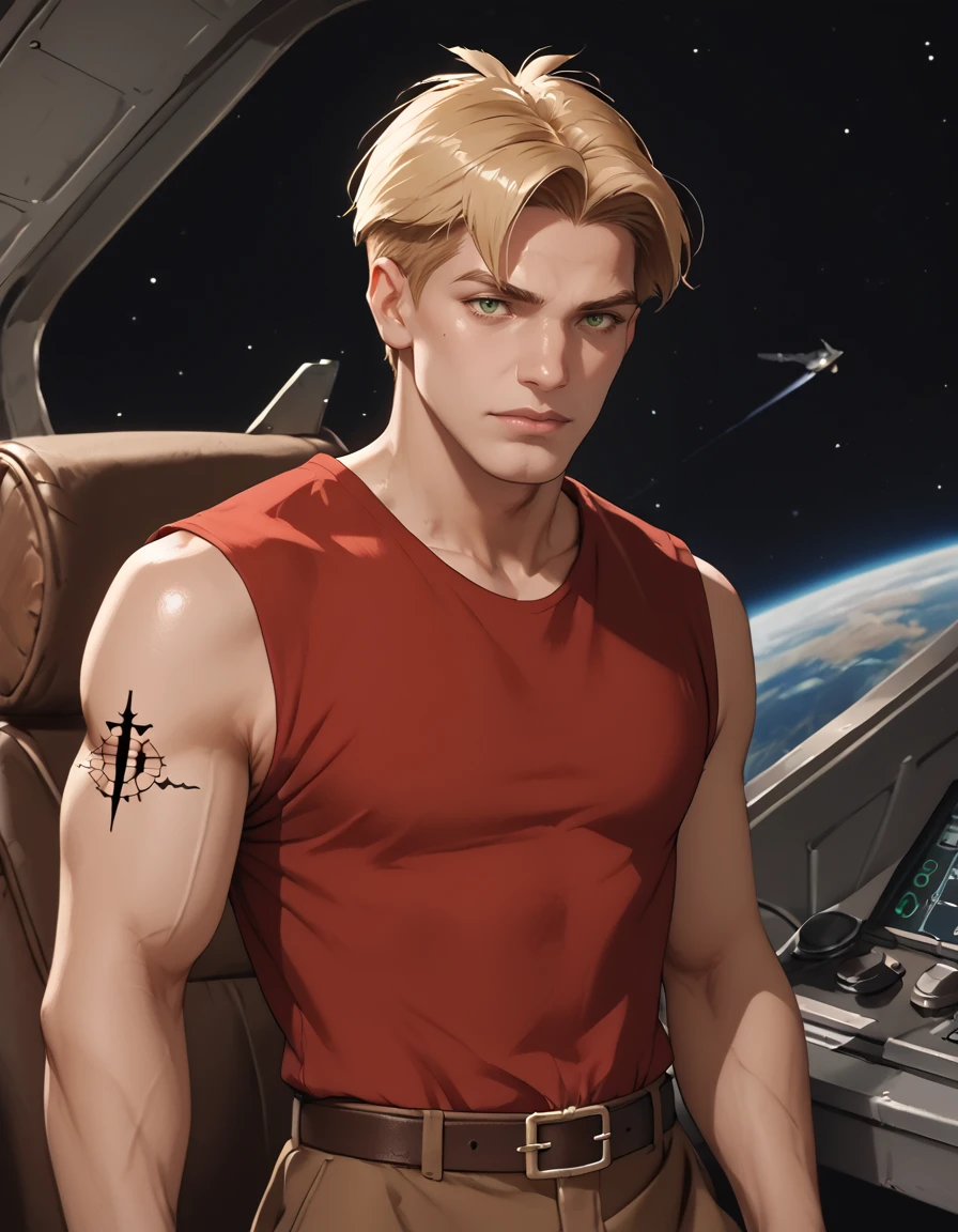 score_9, score_8_up, score_7_up, score_6_up, score_5_up, <lora:Titan_AE_-_Cale_Tucker_-_Pony:0.8>, titan_cale, 1boy, mature male, blonde hair, very short hair, green eyes, arm tattoo, red sleeveless shirt, belt, brown pants, black boots, upper body, looking at viewer, realisticâââ, spacecraft interior, cockpit, space, standing