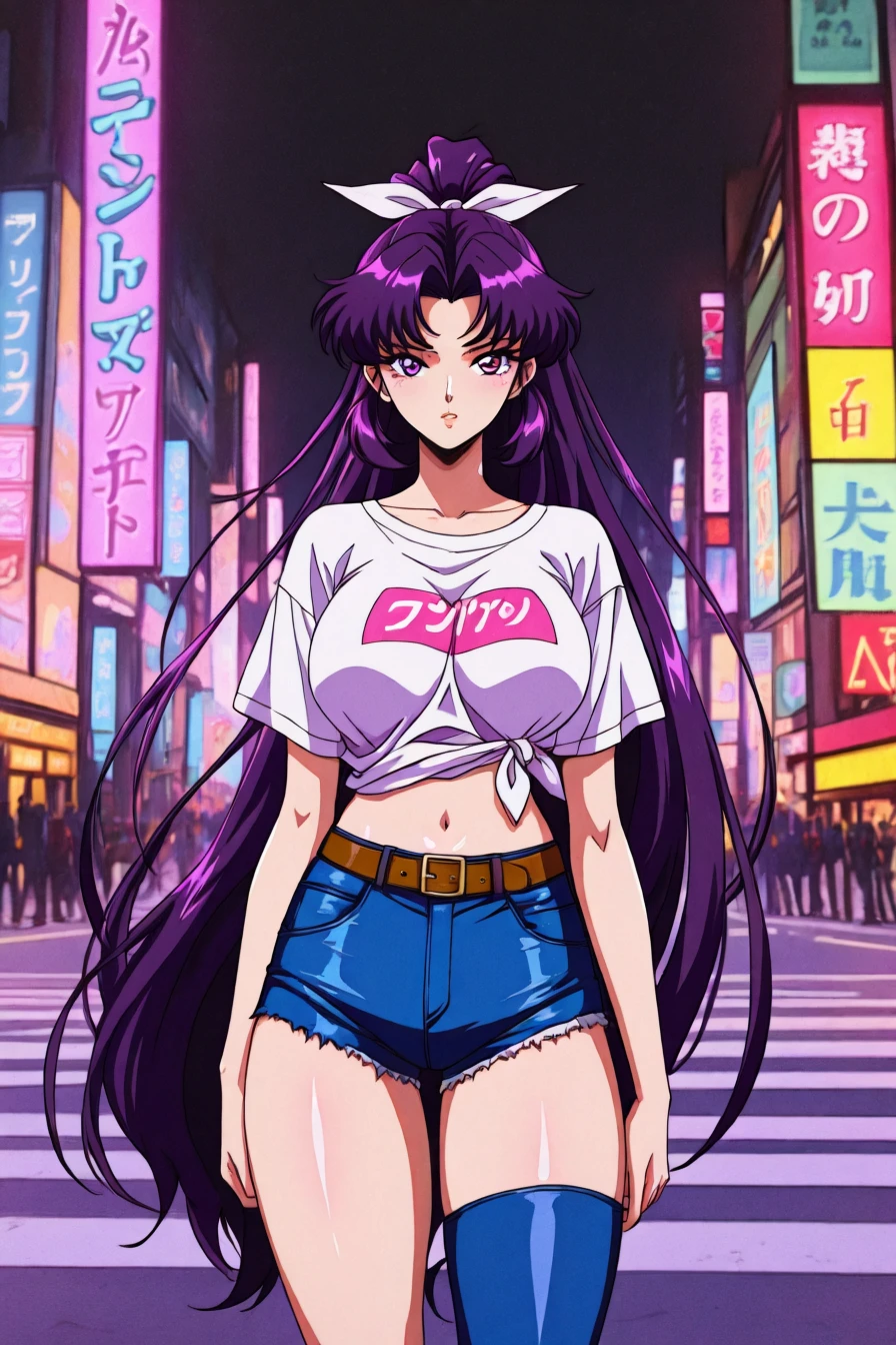 looking at the viewer, asymmetrical clothes, navel, purple eyes, very long hair, tied shirt, midriff, hair ribbon, single pantsleg, white shirt, ponytail, black hair, large breasts, jeans, white ribbon, brown belt, purple hair, asymmetrical legwear, 1girl, solo, alone, urban street, crosswalk, neon lights, <lora:dark_lofi_retro_illustriousXL:1>, dark_lofi_retro, lofi, retro, masterpiece, highres