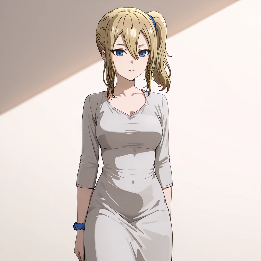 <lora:Hayasaka_illustrious_v1:1> Hayasaka, 1girl, solo, blue scrunchie, blonde hair, hair scrunchie, blue eyes, side ponytail, hair ornament, hair between eyes, medium breasts, bangs, sidelocks, medium hair, cowboy shot, <lora:Dongtan_dress__IllustriousXL:0.7> dongtan dress