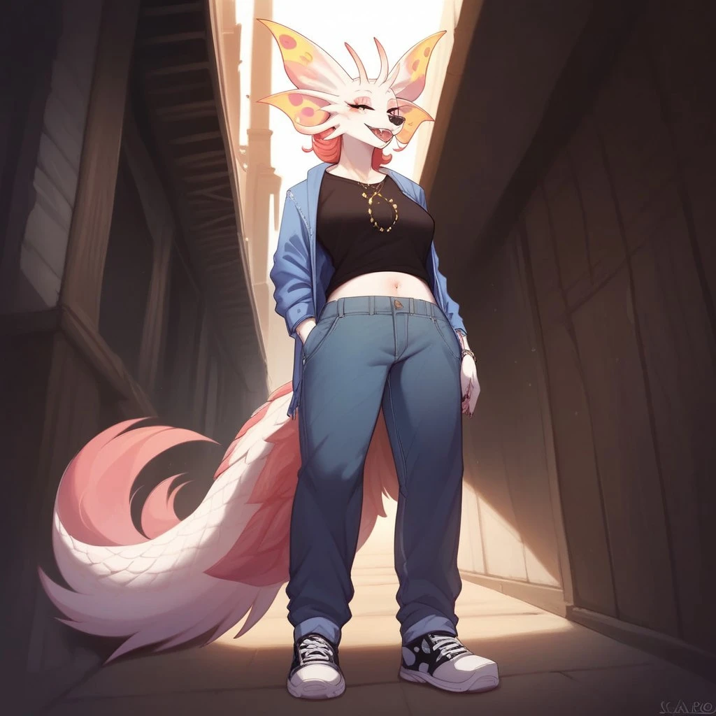 score_9, score_8_up, score_7_up, score_6_up, semi-realistic artwork, high quality, vibrant colors, best quality rendering, intricate details, high resolution, sharp focus, best render quality,[e621] Scappo Style,Expressiveh
Mizutsune,anthro,female,casual clothing,pants,full body view