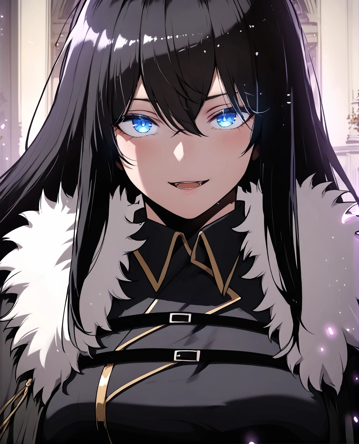 <lora:Karina_Dragonia-000004:1>
blue eyes, glowing eyes, long hair, black hair, loose hair, hair between the eyes, bangs, sidelocks, big breasts
black jacket, black uniform
score_9, score_8_up, score_7_up, score_6_up, source_anime, rating_explicit, 1girl, solo, smile, embarrassed, alcalose eyes, open mouth, mansion, indoors, looking at viewer, pov, close-up, (head tilt:1.2)