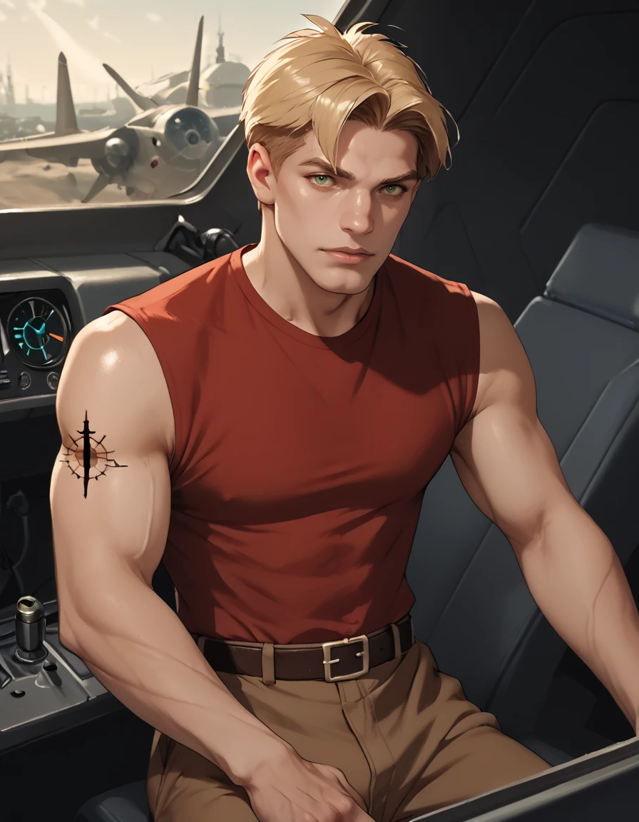 score_9, score_8_up, score_7_up, score_6_up, score_5_up, <lora:Titan_AE_-_Cale_Tucker_-_Pony:0.8>, titan_cale, 1boy, mature male, blonde hair, very short hair, green eyes, arm tattoo, red sleeveless shirt, belt, brown pants, cowboy shot, looking at viewer, realisticâââ, spacecraft interior, cockpit, space