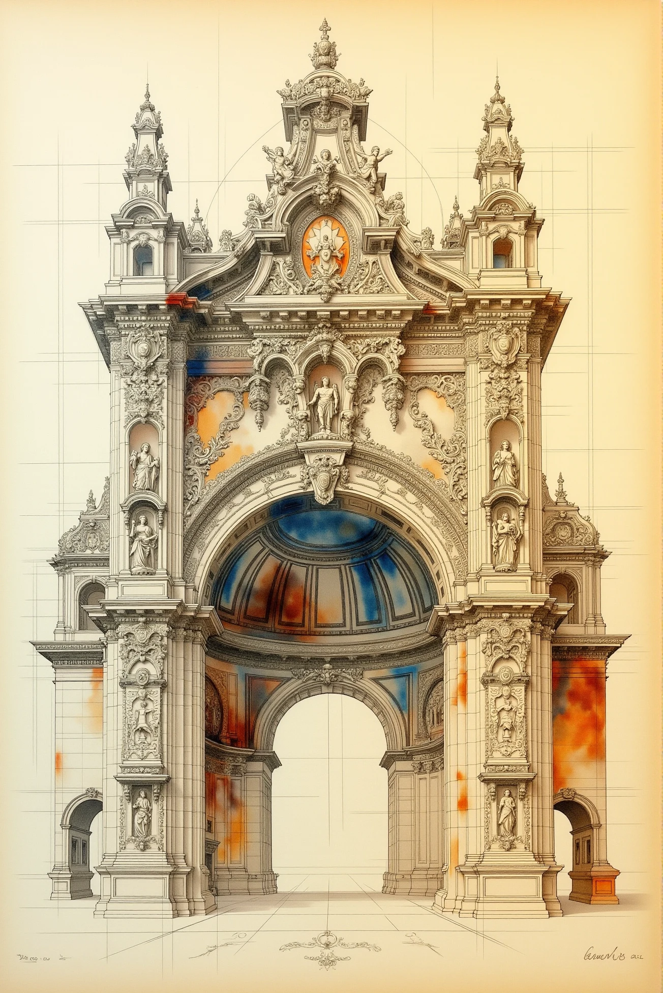 <lora:Vintage_sketch_style_v.1:0.8> VintageSketch style. An intricate vintage architectural art, partially colored with watercolor. Style of Da Vinci.