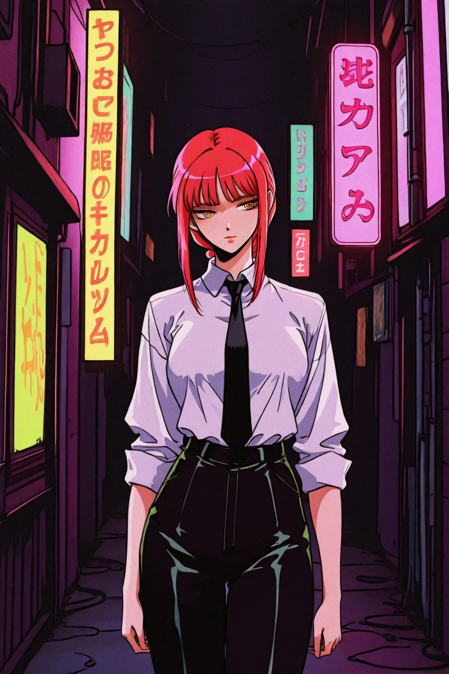 makima, red hair, yellow eyes, long hair, ringed eyes, braid, white collared shirt,black necktie, black pants, 1girl, solo, alone, alley, building, neon light , <lora:dark_lofi_retro_illustriousXL:1>, dark_lofi_retro, lofi, retro, masterpiece, highres