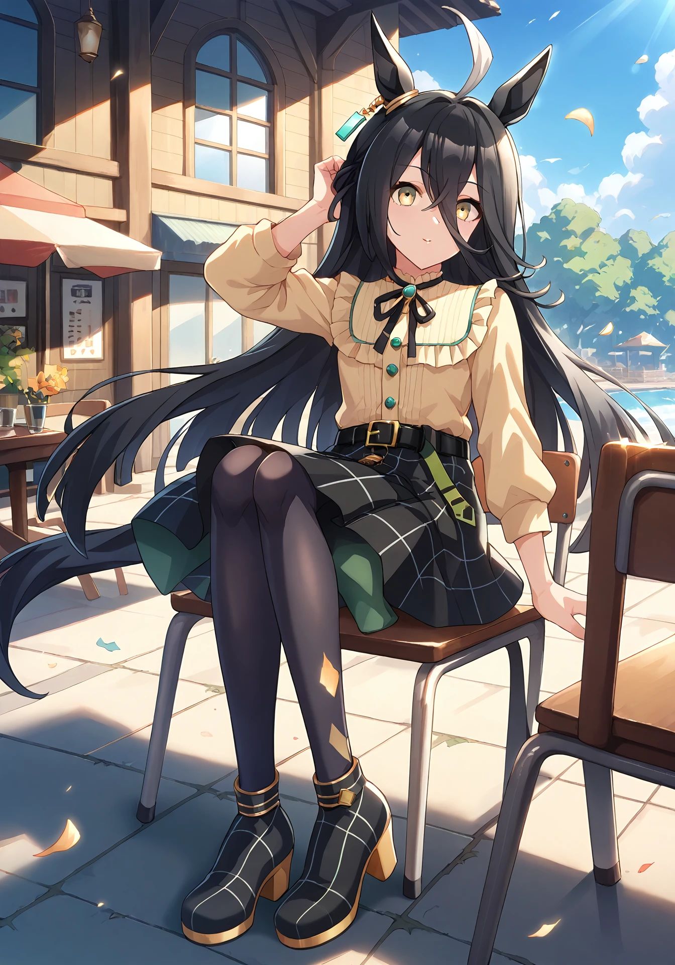 umaofficial,1girl,solo,mcafe,black hair,long hair,white ahoge,yellow eyes,horse girl,
mccasual,yellow shirt,black plaid skirt,black and green belt,black pantyhose1,black neck ribbon,single aqua earring,black high heels,
dynamic pose,on chair,outdoors,head tilt,
score_9,score_8_up,score_7_up,source_anime,masterpiece,best quality,highres,amazing quality,<lora:ManhattanCafePonyV1:1>,<lora:UmaOfficialPonyV1.0:0.8>,