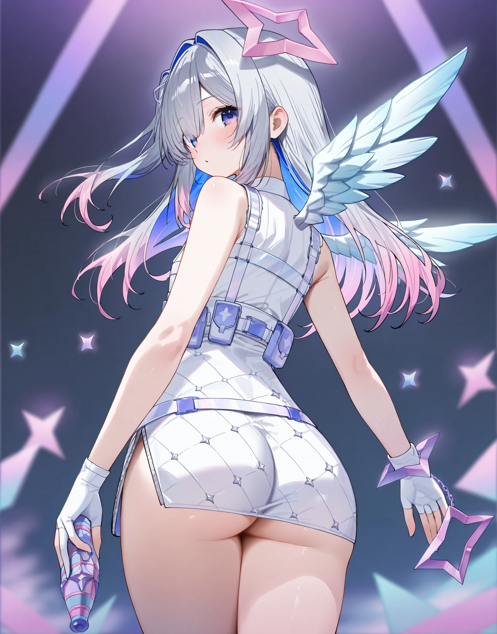 super high quality,amane kanata,naked,naked足,mini skirt,inside the skirt,back view,crawl on all fours,small butt,Angle from below,,whole body。Crab crotch,short hair,cool