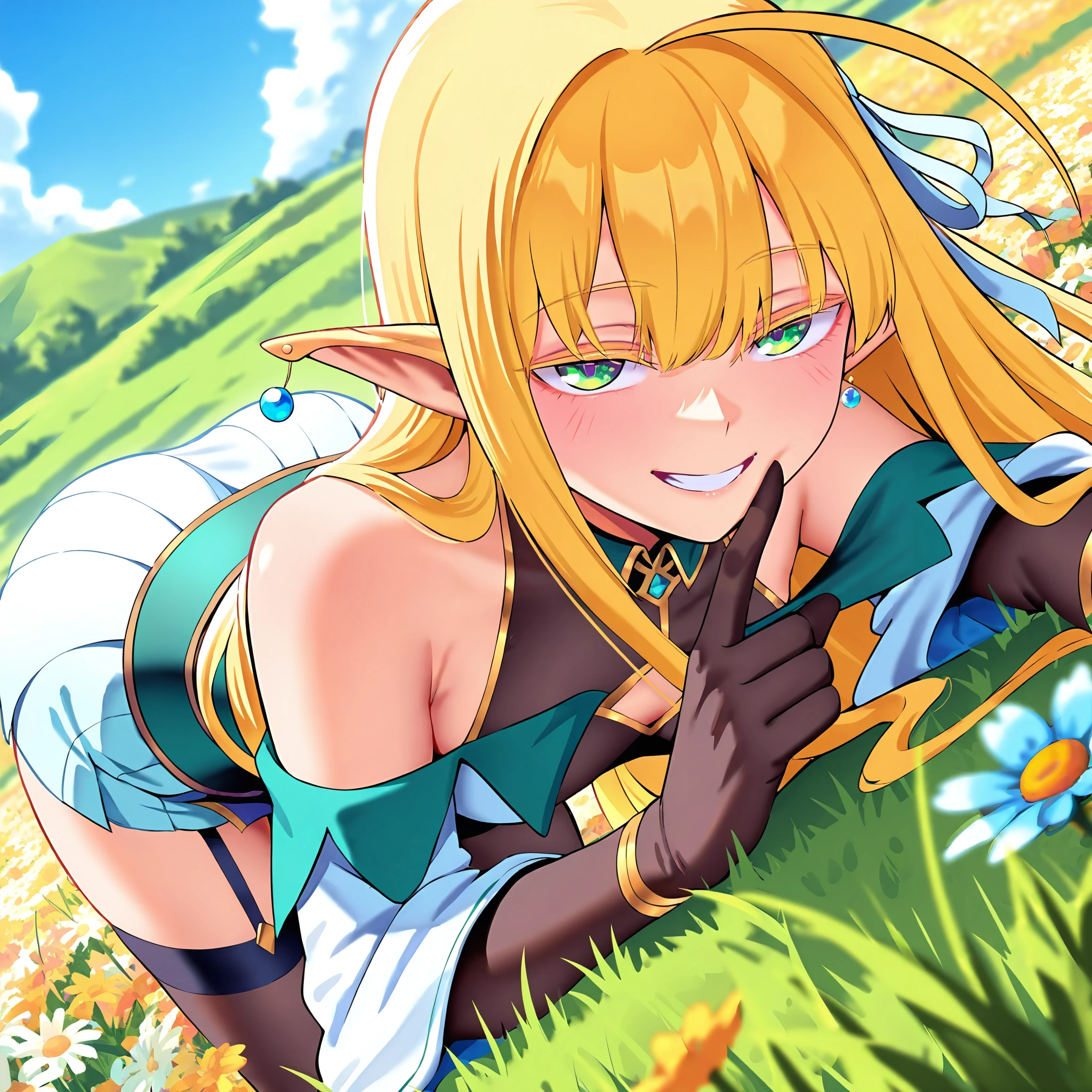 masterpiece, best quality, amazing quality, very aesthetic, absurdres, newest, 1girl, solo girl, flower field, grass, dynamic pose, dutch angle, <lora:add-detail-xl:2>
BREAK <lora:Tia_Lunaritia_r1:0.8> Tia, elf, blonde hair, long hair, ahoge, big eyes, pointy ears, green eyes, colored eyelashes, hair ribbon, earrings, small breasts, leaning over, seducing expression, half closed eyes, smiling, finger on lips,
BREAK skirt, garter straps, detatched sleeves, bare shoulders, gloves, thighhighs,
masterpiece, best quality, amazing quality, very aesthetic, absurdres, newest
