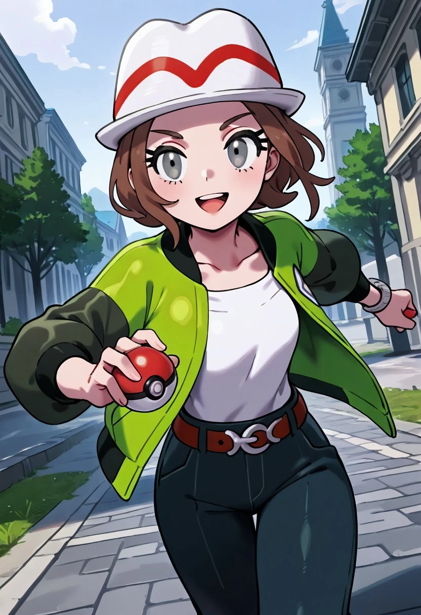 masterpiece, best quality, 1girl, solo, eyelashes, (beautiful eyes), zzMC, looking at viewer, smile, open mouth, shirt, long sleeves, hat, outdoors, holding, collarbone, jacket, white shirt, :d, open clothes, teeth, tongue, belt, pants, open jacket, grey eyes, eyelashes, white headwear, upper teeth only, buckle, belt buckle, green jacket, holding poke ball, dynamic pose,