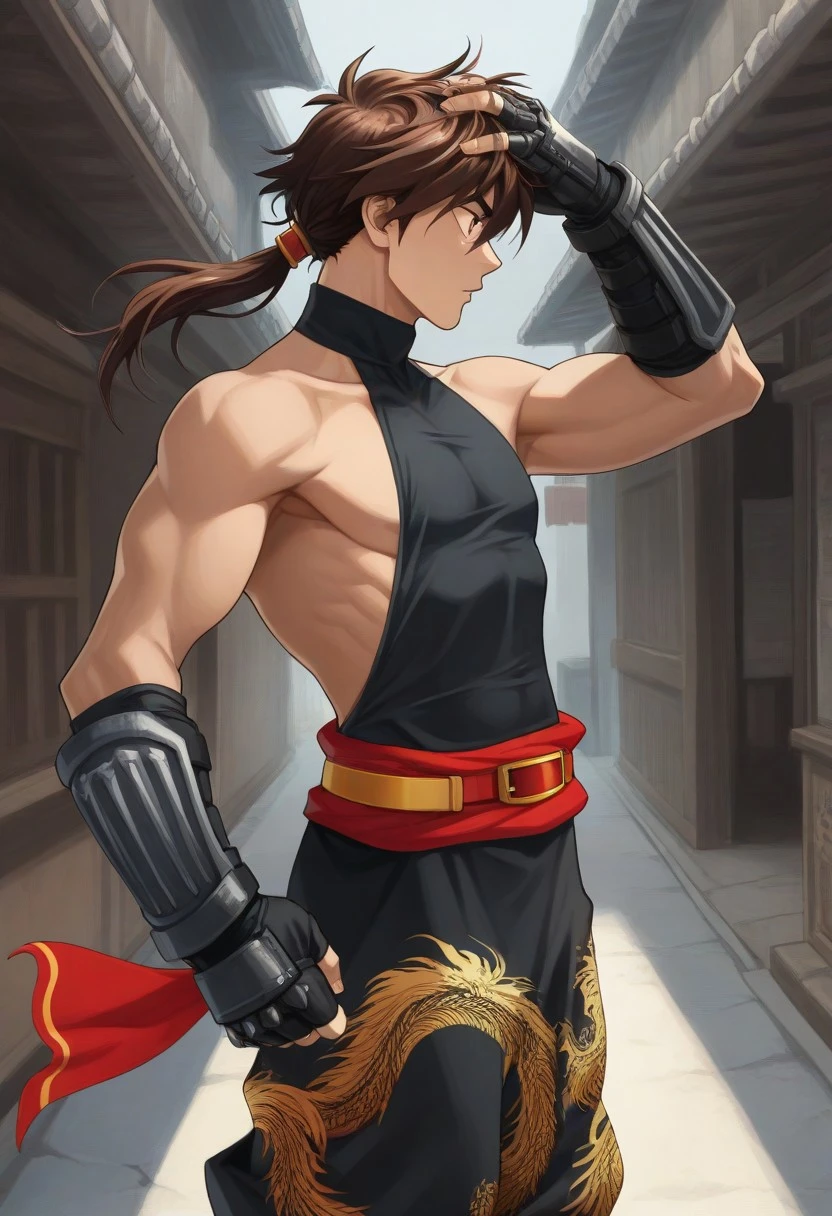 1male, male anime character, Kirin, brown hair, ponytail, side view, sleeveless turtleneck, backless outfit, exposed back, well-toned body, arm gauntlets, fingerless gloves, red waistcloth, belt, black baggy pants, golden dragon print pants, historical Asian town, hands brmehind head, armpits, walking