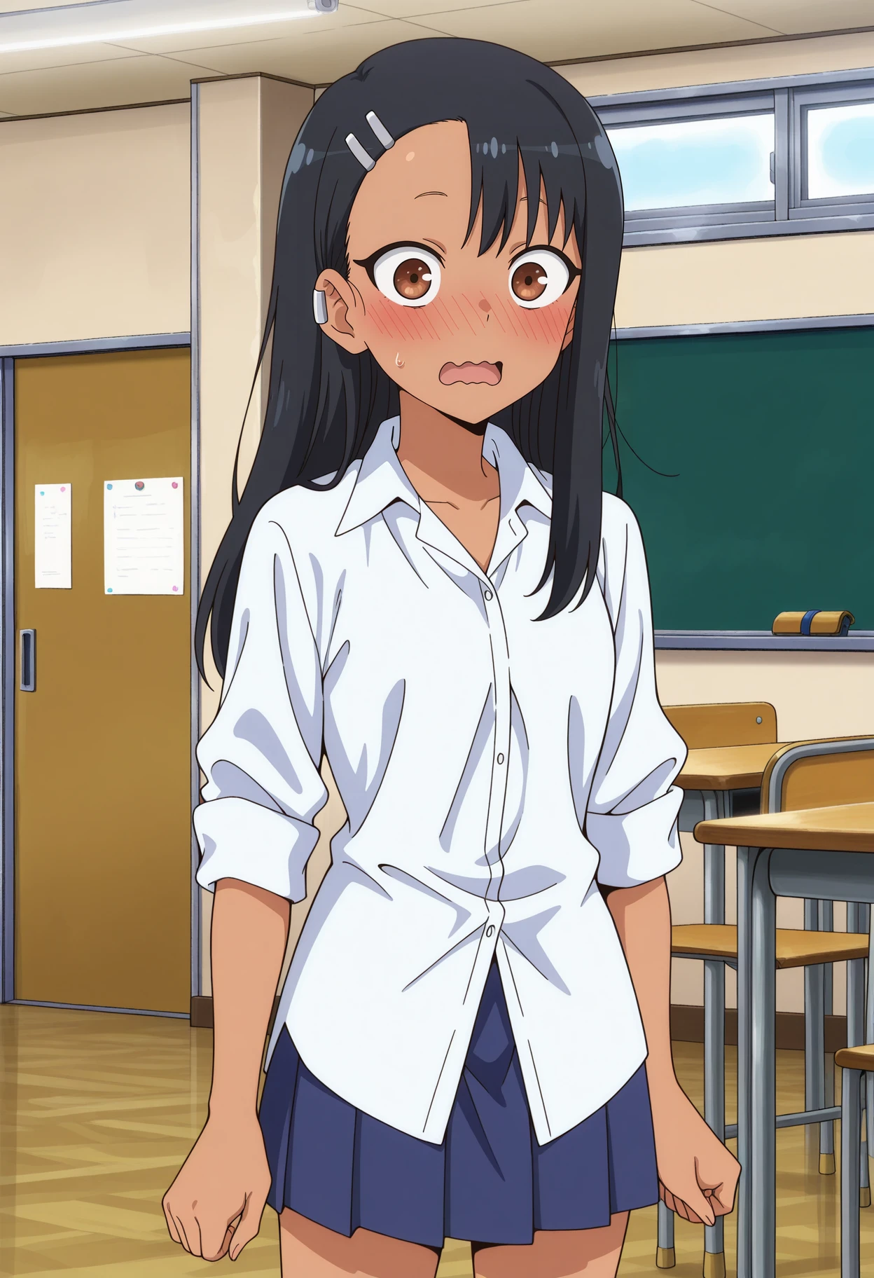 anime screencap, masterpiece, best quality,
<lora:IjiranaideNagatoro_Nagatoro_IlluXL:0.8>,
1girl, solo, open mouth, wavy mouth, nose blush, surprised, wide-eyed,
dark skin, long hair, black hair, asymmetrical bangs, brown eyes, hairclip, earclip,
NagatoroSchool, dress shirt, white shirt, untucked shirt, sleeves rolled up, pleated skirt, blue skirt,
arms at sides, standing, looking at viewer,
indoors, classroom, day