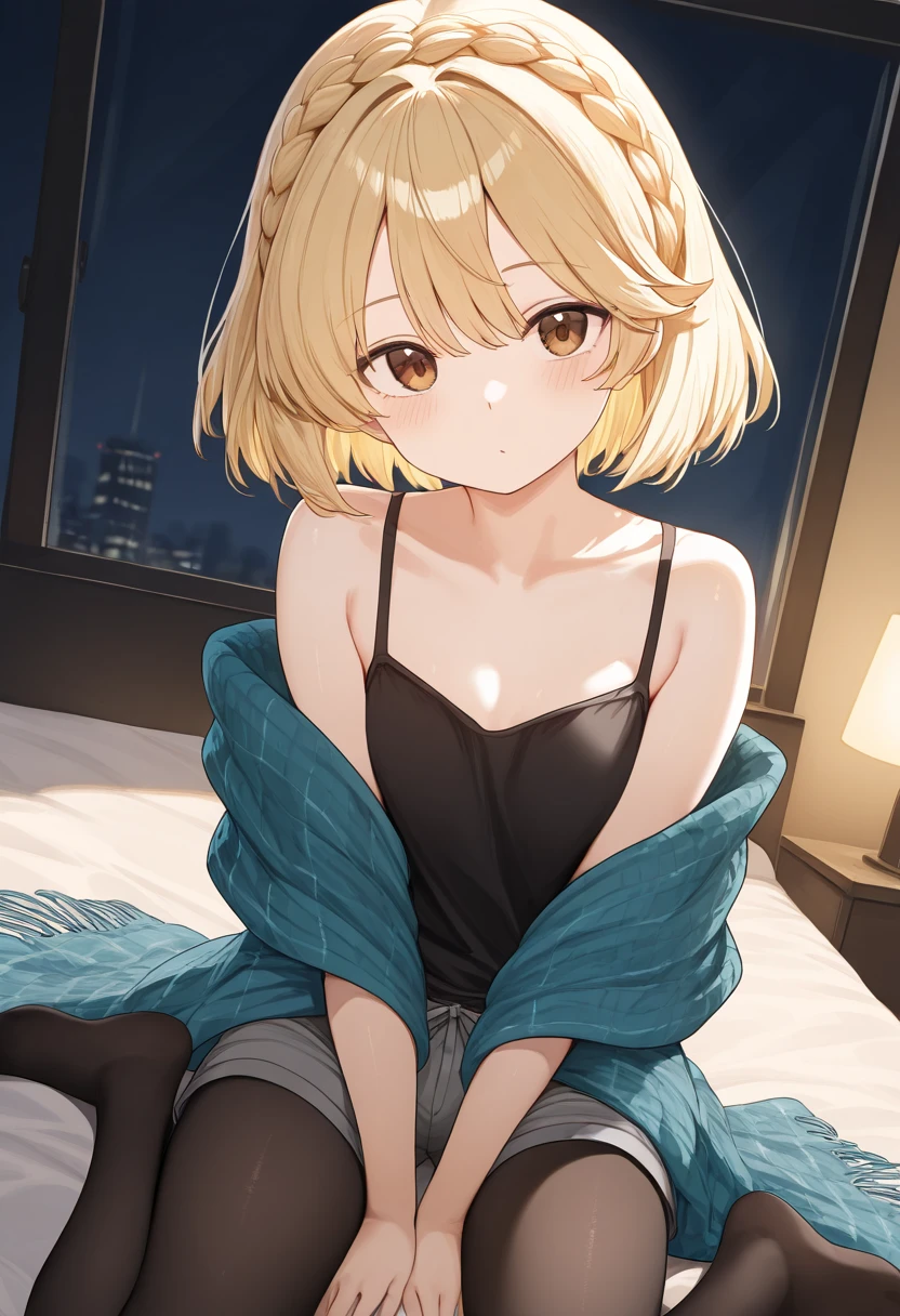 gonzarez, masterpiece, Serenaj, 1girl, solo, blonde hair, blue crystal earrings, blue eyes, close mouth, eyelashes, vest, blush, bangs, breasts, medium hair, night, sparkle, bed room, sleep, cute,