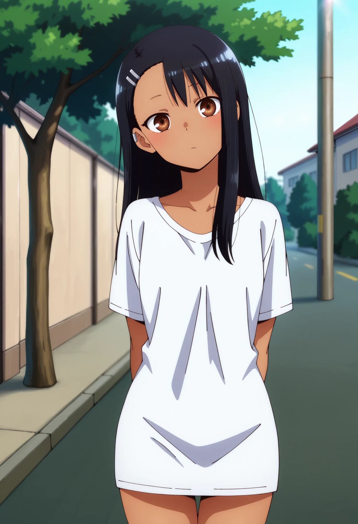 anime screencap, masterpiece, best quality,
<lora:IjiranaideNagatoro_Nagatoro_IlluXL:0.9>, NagatoroStyle,
1girl, solo, closed mouth, head tilt,
dark skin, long hair, black hair, asymmetrical hair, brown eyes,
NagatoroShirt, t-shirt, naked shirt, long shirt, white shirt,
standing, looking at viewer, arms behind back, cowboy shot, thigh gap,
blurry background, outdoors, street, tree