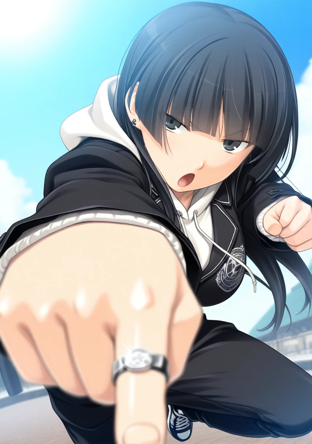 masterpiece, best quality, absurdres, perfect lighting,shiny skin,<lora:StS-Illustrious-Detail-Slider-v1.0:3>,<lora:illustrious_noobai_epsilon_pred_1_best_quality_v1:1>,1girl,large breasts,shizuku, black hair, long hair,blazer ,blunt bangs,black eyes,<lora:shizuku:0.9>,punk, rupper,baggy clothes,hoodie,long_pants, sneakers, dynamic pose, pointing, earrings, ring,depth of field, blue sky, colorful,naughty face,:o,