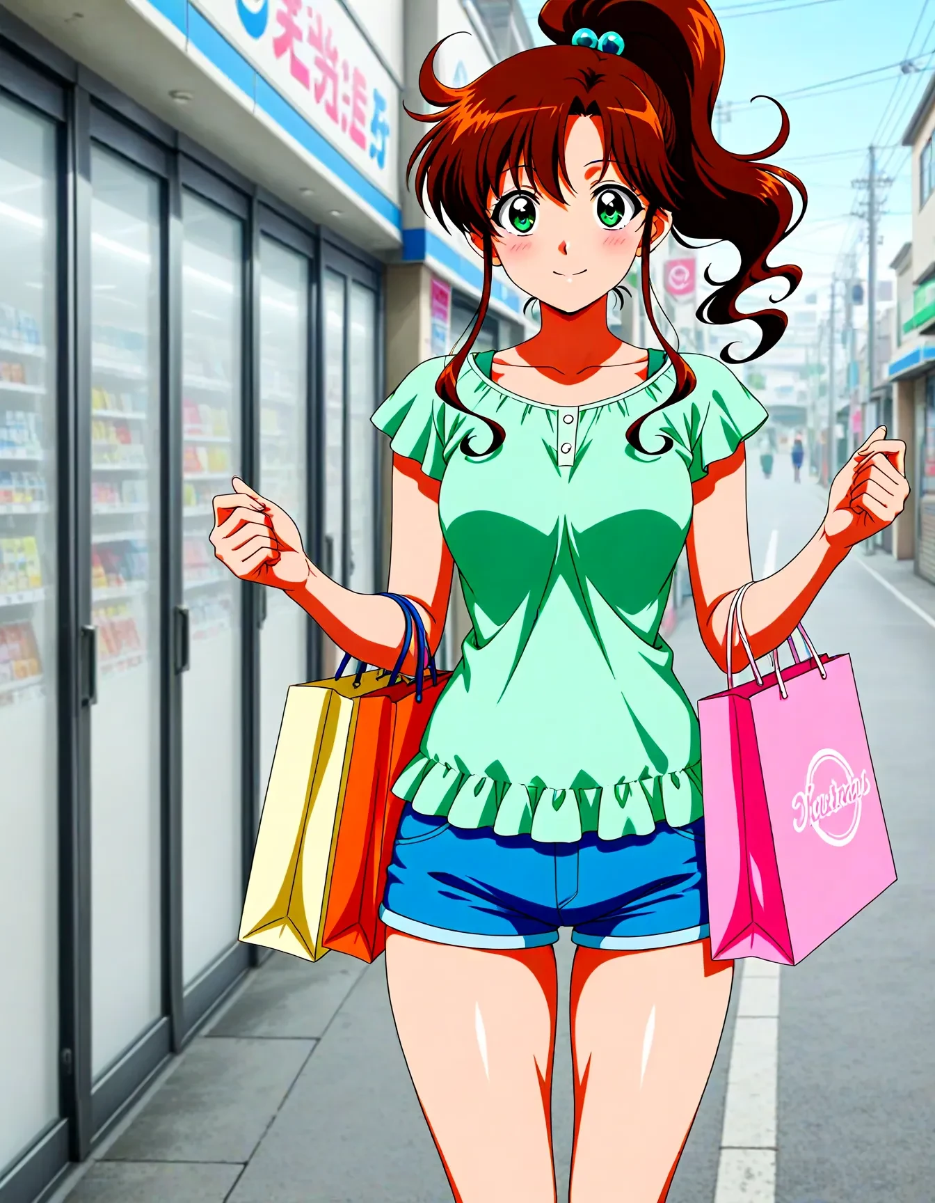 <lora:dmd2_sdxl_4step:1>,official style,masterpiece,best quality,newest,absurdres,highres,very awa,Anime,anime coloring,anime screencap,<lora:Sailor_Jupiter_v3:1>,kino makoto,1girl,solo,ponytail,high ponytail,medium hair,medium breasts,parted bangs,sidelocks,brown hair,hair ornament,green eyes,hair bobbles,thighs,casual,outdoors,smile,shopping,convenience store,