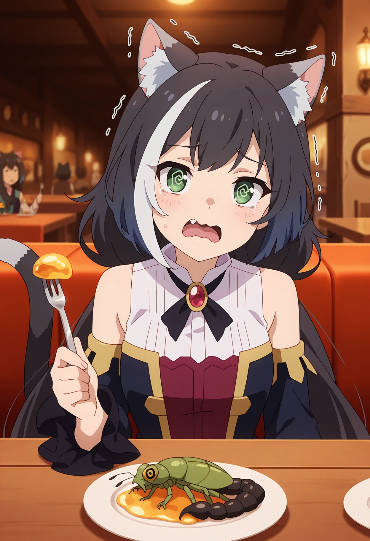 anime screencap, masterpiece, best quality,
<lora:PrincessConnect_Karyl_IlluXL:0.9>,
1girl, solo, open mouth, wavy mouth, tearing up, trembling, tongue, @ @, fang,
long hair, streaked hair, black hair, white hair, low twintails, green eyes, cat ears, cat tail,
KarylDress, multicolored dress, red brooch, detached sleeves, gold trim,
holding fork,
plate, grasshopper, scorpion, larva,
sitting, table, looking at viewer, upper body,
medieval, restaurant, indoors, blurry background