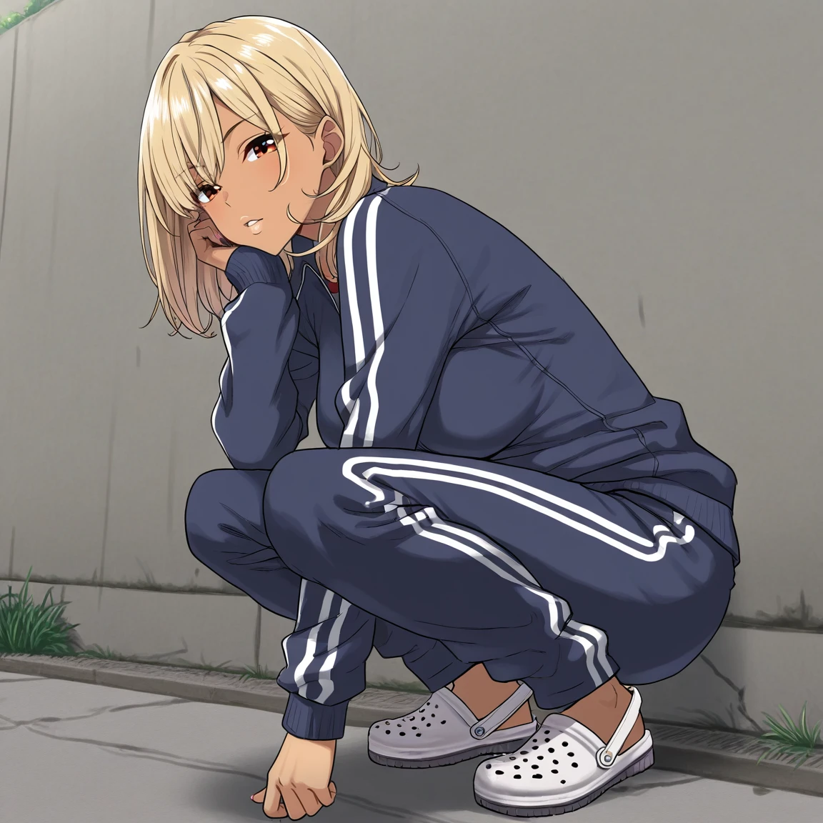 1girl, solo, general, gyaru, wall, outdoors, frown, looking at viewer, track jacket, track pants, crocs, squatting, puckered lips, parted lips, medium hair, lips, medium breasts, masterpiece, highres, absurdres, very aesthetic, newest, best quality, good quality
