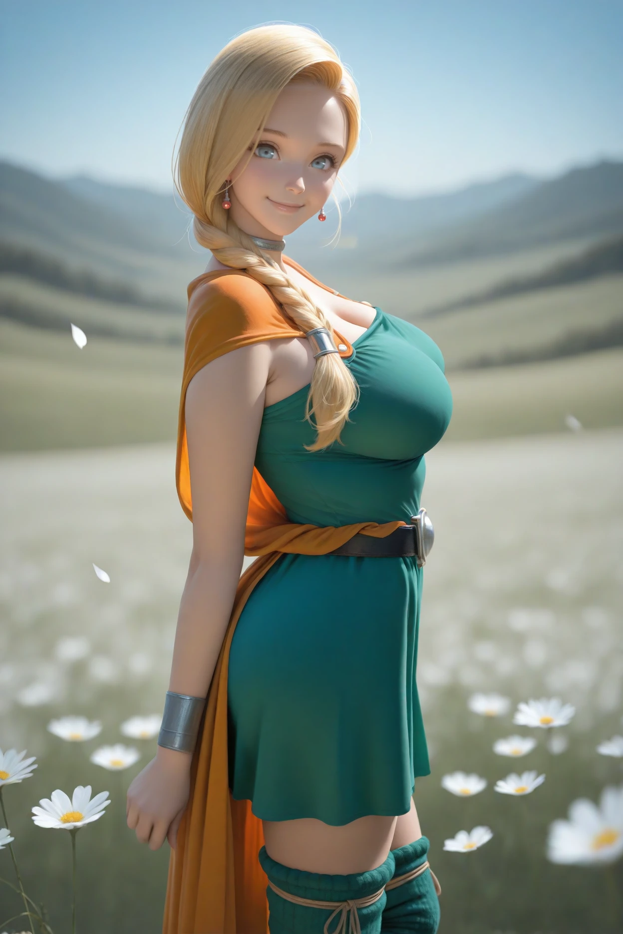 masterpiece, Highest quality, DQ Bianca, Single Blade, Earrings, choker, Blonde, Orange Cape, Green Dress, belt, Hands Behind Back, Facing forward, Small breasts, Upper Body, From the side, smile, fist