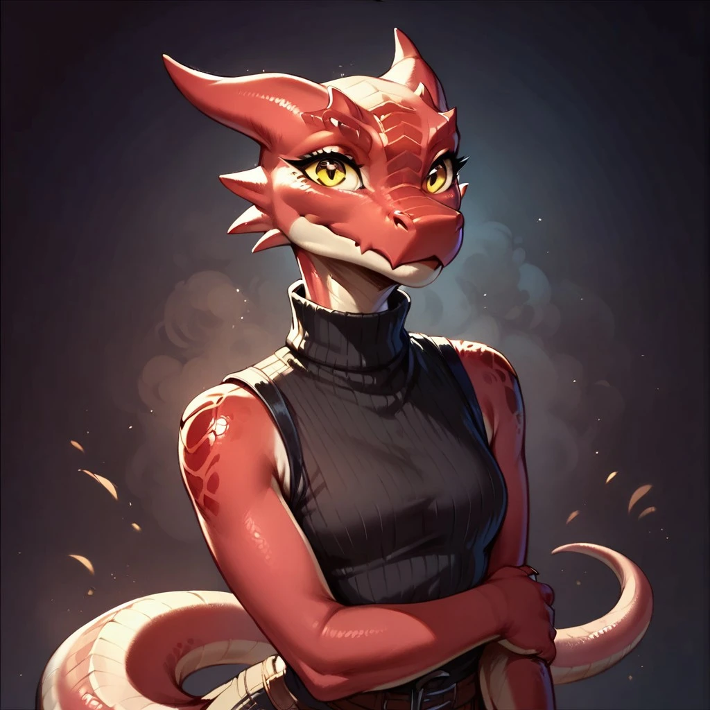 (((detailed, beautiful, high quality))), score_9, score_8_up, score_7_up, solo,
kobold, furry dragon, tail, short stature,
1girl, female focus, red skin, yellow eyes, black sleeveless turtleneck,
looking at the viewer,
fantasy background, dark background,