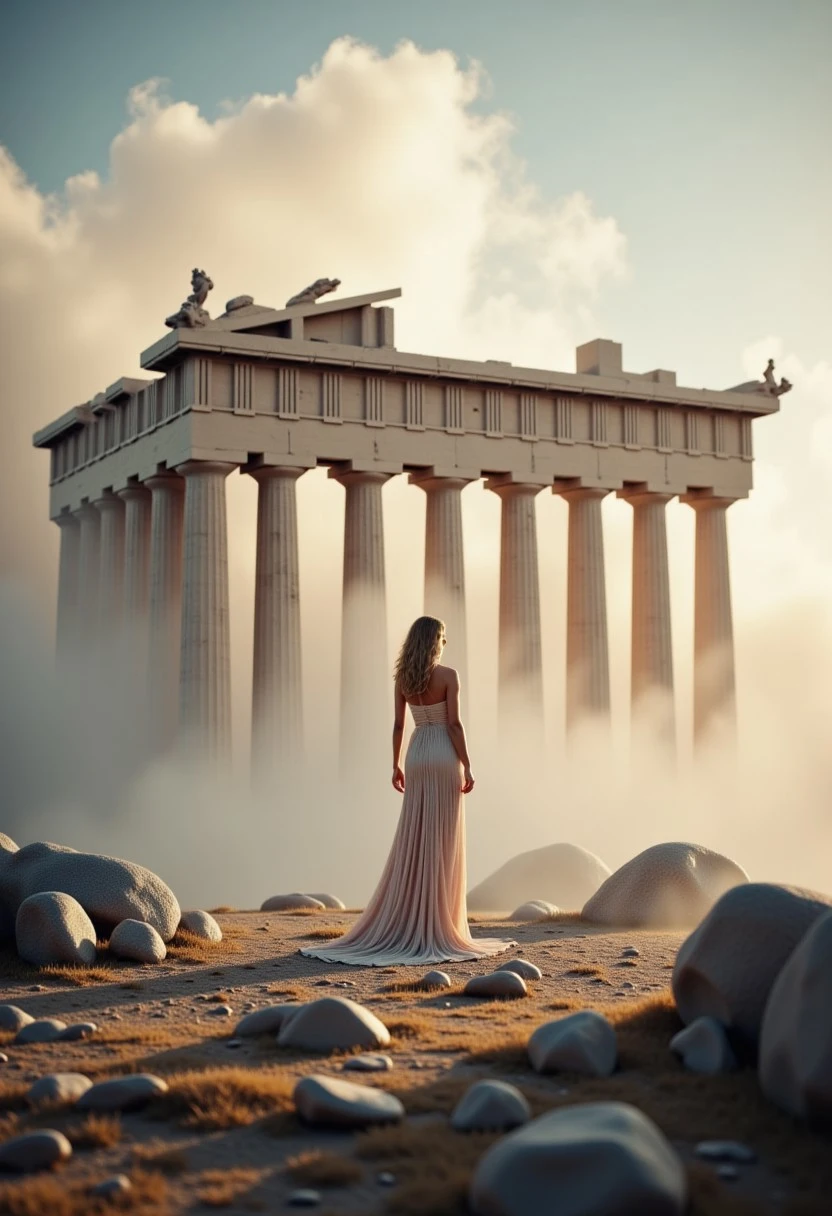 the most realistic, photorealistic photo ever taken [(greek goddess athena:1.5) standing in front of (THE PARTHENON:1.5) in the clouds, , a dream world shifting landscapes, and mythological creatures, Captured with a Hasselblad X2D 100C and an 80mm f/1.9 lens, hyper-realistic textures, soft studio lighting, elegant shadows, styled for a Vogue beauty editorial, incredible realism, creamy bokeh, ultra-detailed textures, perfect lighting], aidmaimageupgrader