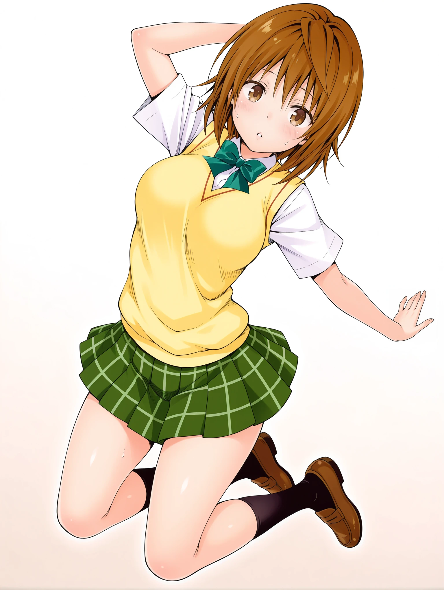 masterpiece,best quality,amazing quality,
1girl,solo,
<lora:y_riko_ilxl_v1.1:1>,riko,brown hair,brown eyes,r_clothes,green bowtie,short sleeve blouse,sweater vest,yellow vest,green plaid skirt,black kneehighs,loafers,
<lora:Fixhands_anime_bdsqlsz_V1:1>,light_blush,cinematic_angle,looking_at_viewer,jumping,full body,parted lips,sweatdrop,white_background,simple_background,