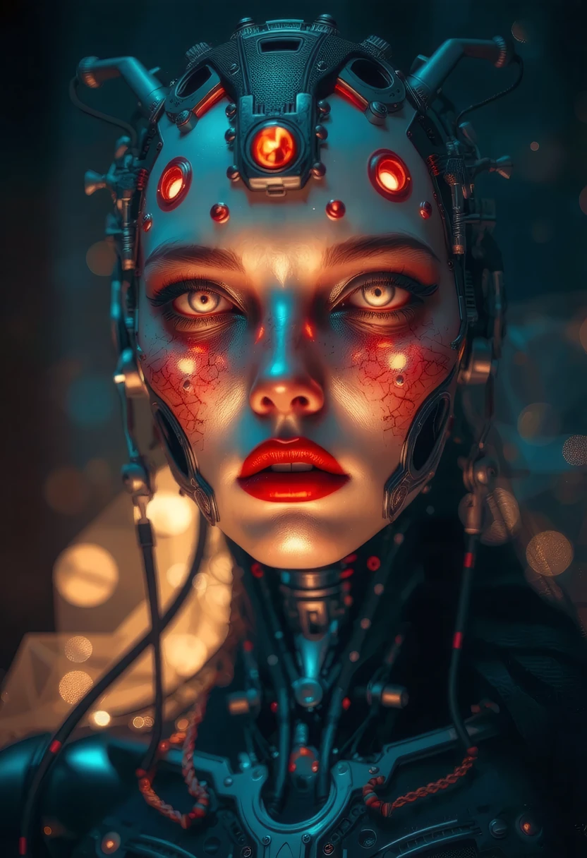 Close up face, (hybrid ethereal host - cybernetic woman). Eerie, moody atmosphere, (biomechanical details), intricate metal textures, surreal and haunting vibes, illuminated by soft, otherworldly light, shadowy background with faint glimmers, hyperdetailed design, enigmatic presence, striking contrast between light and darkness, visually compelling composition, (4K), ultra-detailed artistry. hkmagic, cyberpunk, style of H. R. Giger, <lora:artist/style_of_H._R._Giger_FLUX_295-000006.safetensors:1.0>, .  <lora:Sinfully_Stylish_1.0_Flux:0.8> sinfully stylish, dramatic light, soft light, long shadows <lora:fantasy_portrait_by_cosmic:0.8>âââ