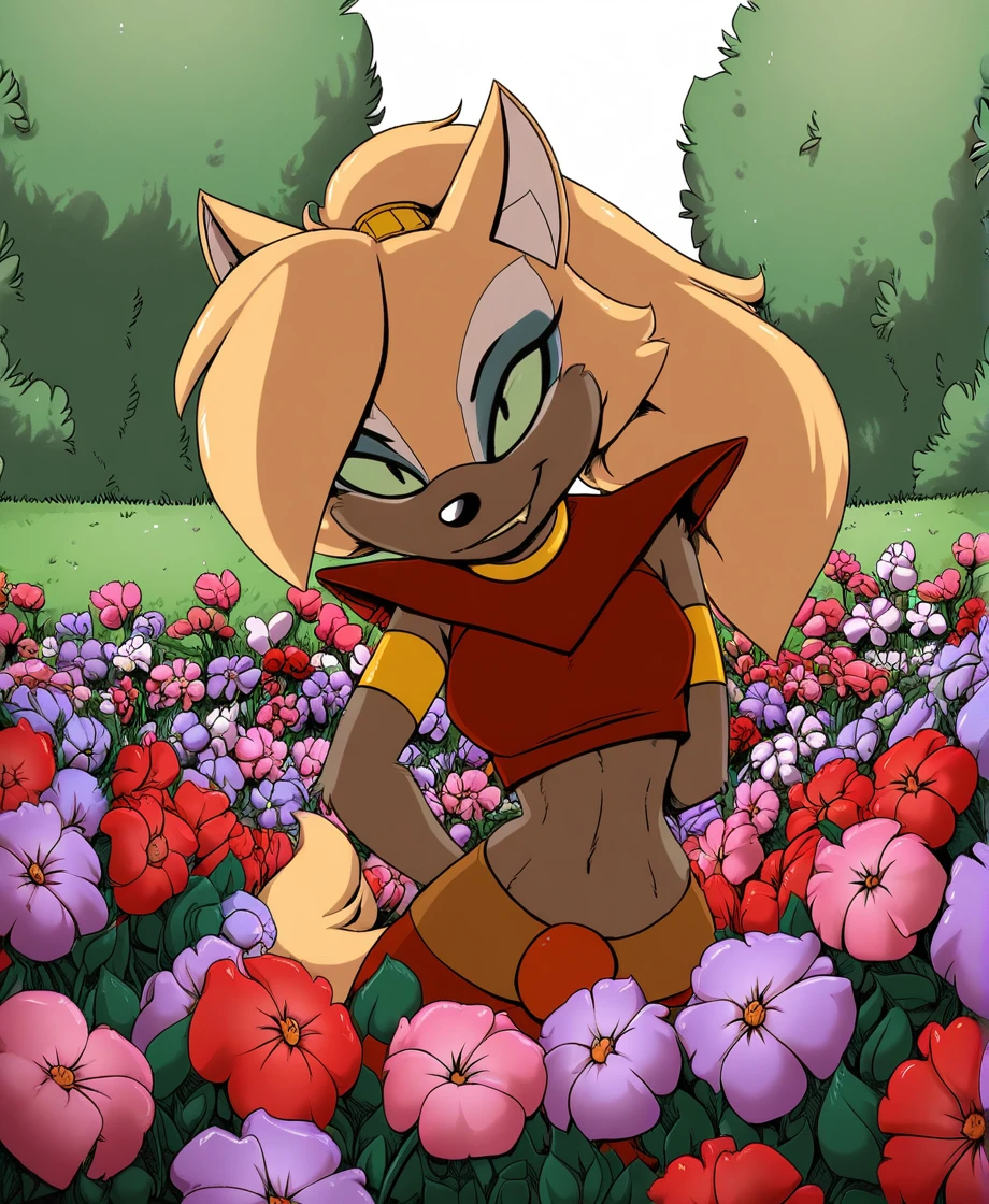 masterpiece, highly detailed, solo, mirage, red clothes, uraeus, whisper the wolf, female, sonic the hedgehog \(idw\), eyeshadow, green sclera, smirk, looking at viewer, flower garden, by jay naylor, <lora:MirageXL_03-Noob-nd32-na32-lr2-ep17:1>