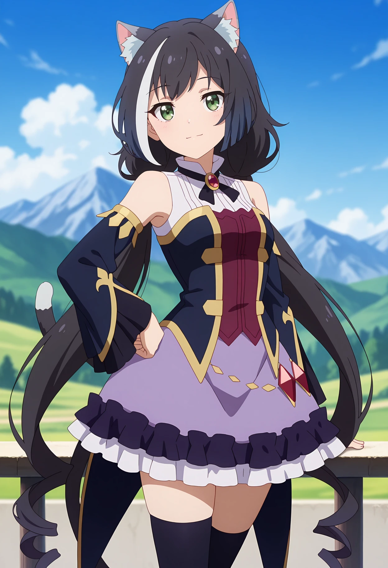 anime screencap, masterpiece, best quality,
<lora:PrincessConnect_Karyl_IlluXL:0.9>,
1girl, solo, closed mouth, light smile,
long hair, streaked hair, black hair, white hair, low twintails, green eyes, cat ears, cat tail,
KarylDress, multicolored dress, red brooch, detached sleeves, gold trim, red gemstone, frilled skirt, purple skirt, black thighhighs,
hand on own hip, arm at side, standing, looking at viewer,
blurry background, mountainous background, scenery, day