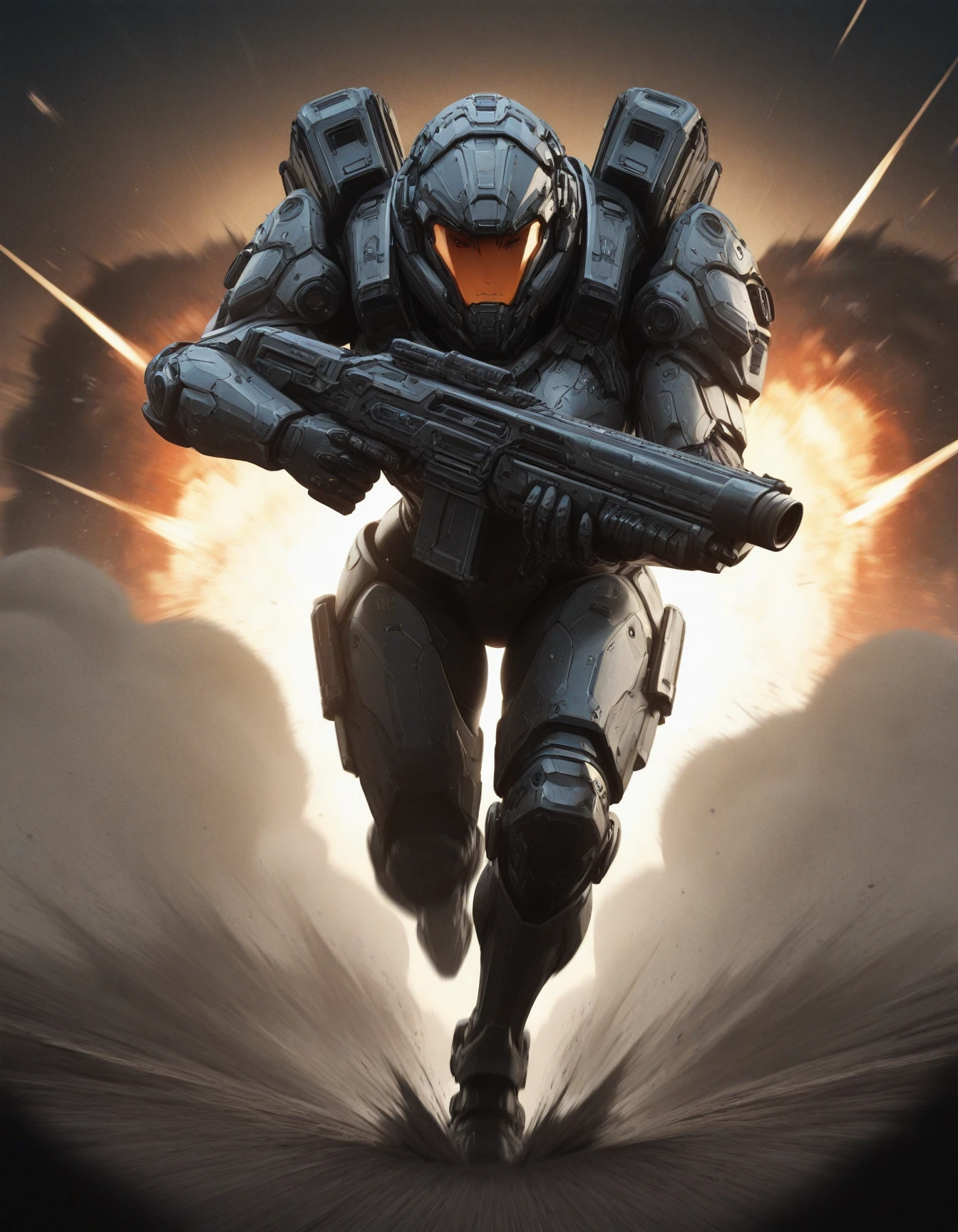 <lora:Heavy_Combat_Armor_IL:0.9> mad-hvybdyarmr, woman running over battlefield holding gun, cyberpunk, heavy bodyarmor, helmet, orange visor, armored boots, explosions, dirt, dust, motion blur, mad-hvybdyarmr, cinematic shot, dramatic lighting, (masterpiece:1.2), best quality