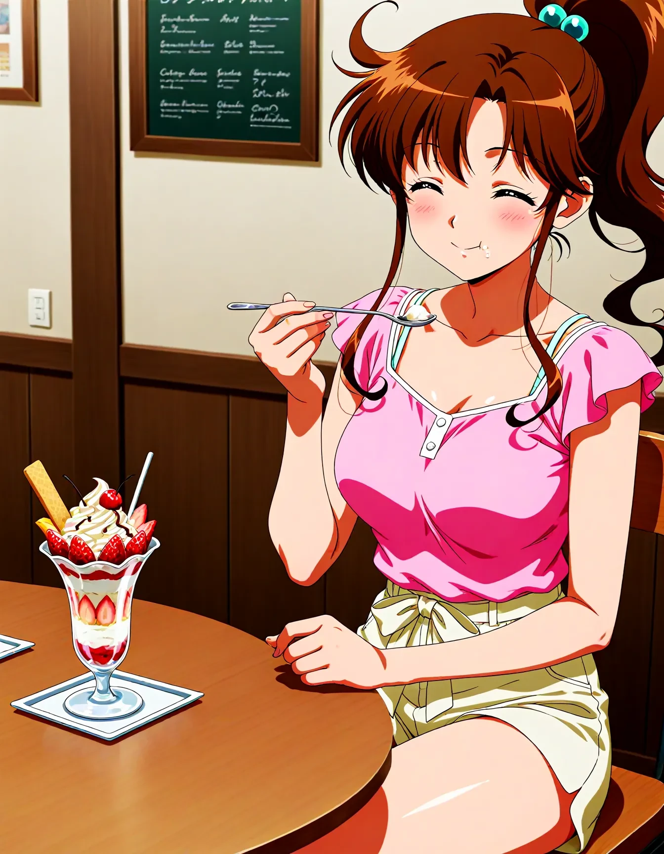 <lora:dmd2_sdxl_4step:1>,official style,masterpiece,best quality,newest,absurdres,highres,very awa,Anime,anime coloring,anime screencap,<lora:Sailor_Jupiter_v3:1>,kino makoto,1girl,solo,ponytail,high ponytail,medium hair,medium breasts,parted bangs,sidelocks,brown hair,hair ornament,green eyes,hair bobbles,thighs,casual,smile,shopping,cafe,sitting,closed eyes,eating,parfait,holding_spoon,eat,