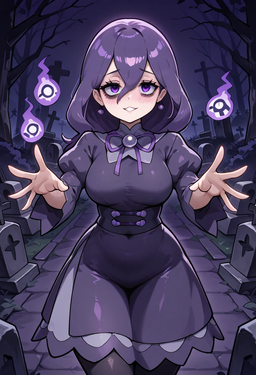 masterpiece, best quality, 1girl, solo, eyelashes, (beautiful eyes), zzHexyZA, purple eyes, bags under eyes, hair between eyes, long hair, purple hair, long sleeves, bow, jewelry, black dress, purple dress, black pantyhose, juliet sleeves, purple bow, purple bowtie, crazy, blush, graveyard, ghosts, upper body, outstretched arms, ,curvy, smile, looking at viewer, pretty background, dynamic pose, <lora:HexManiacPokemonZA_IXL:1.0>,