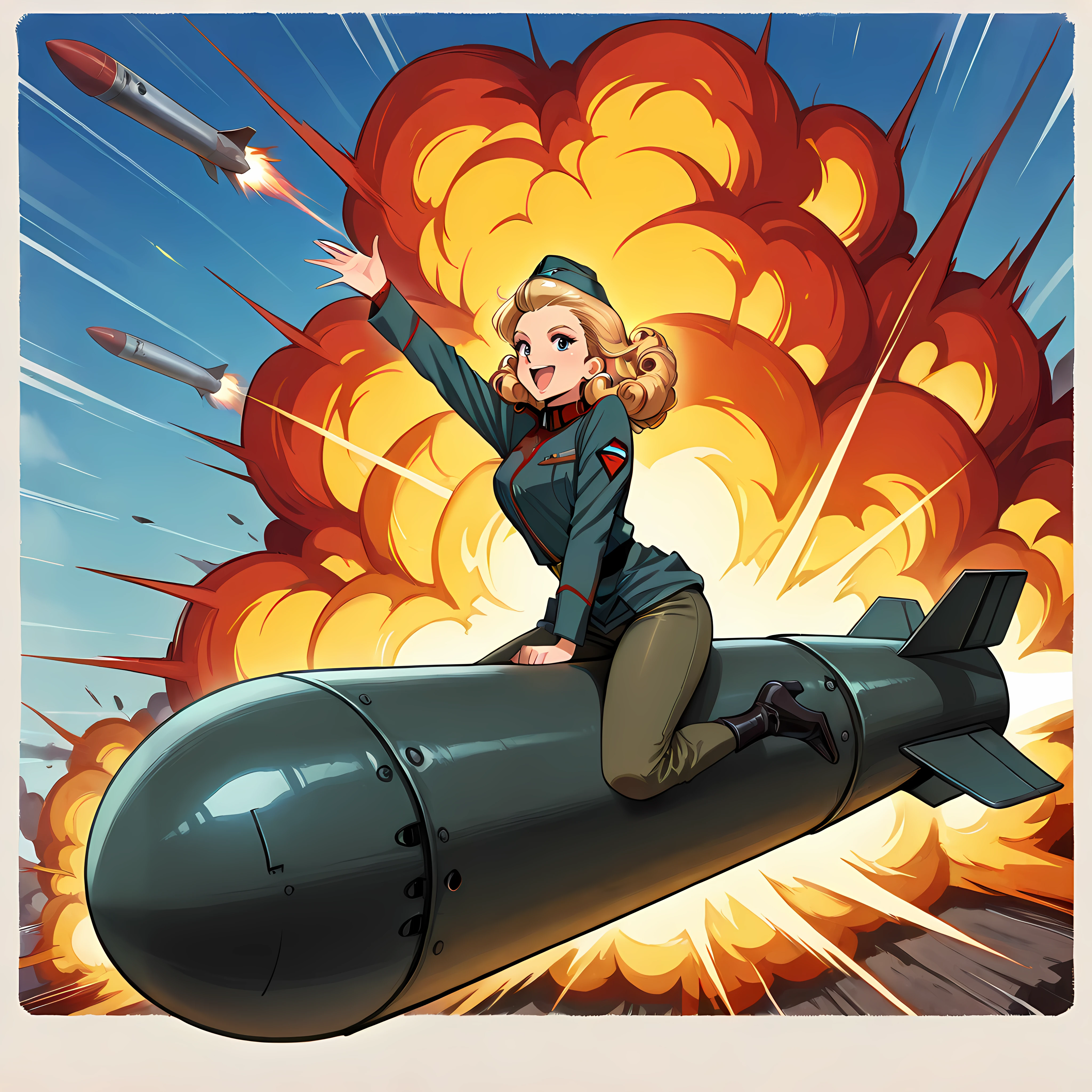 Masterpiece, newest, perfect quality, best quality, 1girl, solo, b0mb, riding bomb, missile, pinup style, blonde curly hair, garrison uniform, garrison cap, waving, explosion, retro poster style