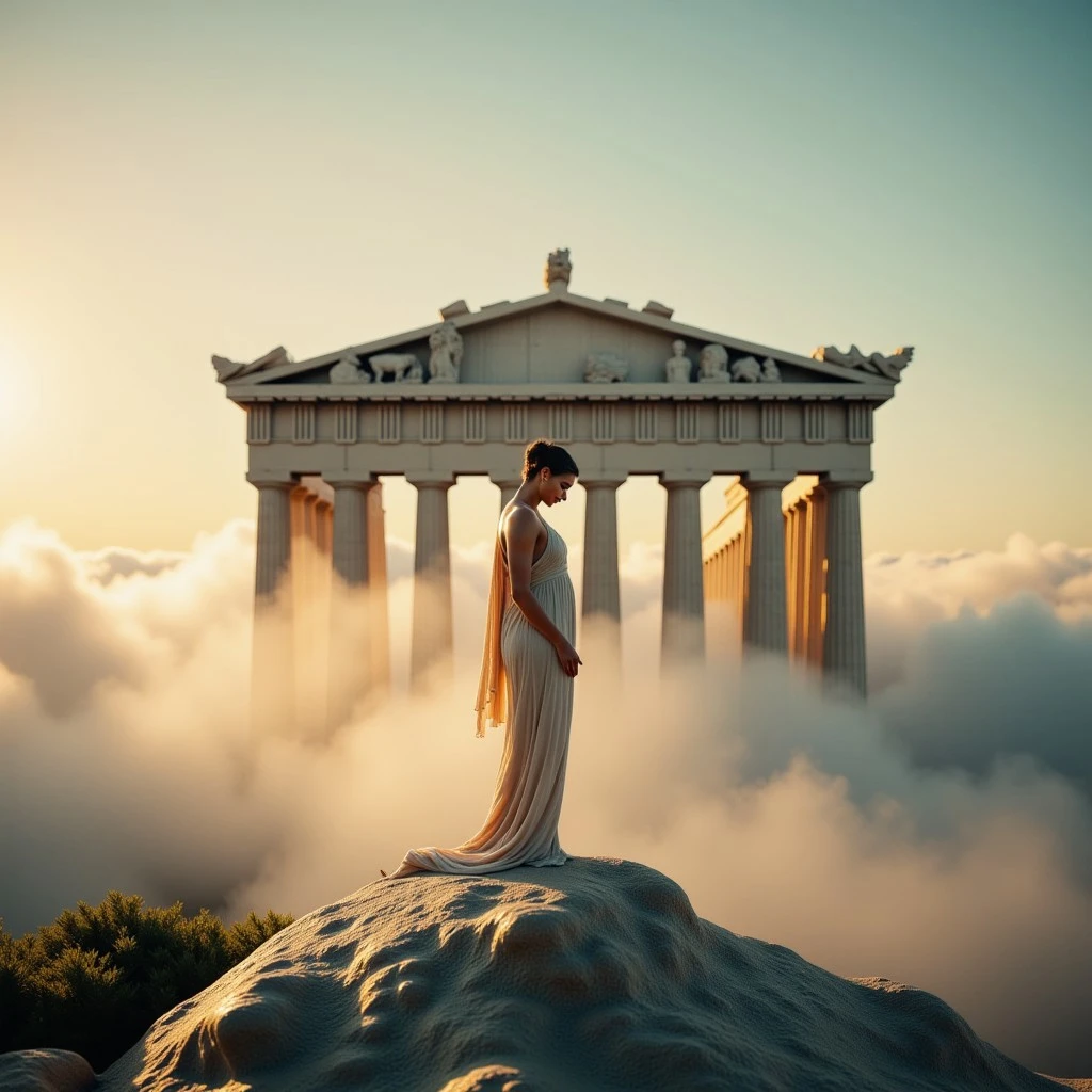 the most realistic, photorealistic photo ever taken [(greek goddess athena:1.5) standing in front of (THE PARTHENON:1.5) in the clouds, , a dream world shifting landscapes, and mythological creatures, Captured with a Hasselblad X2D 100C and an 80mm f/1.9 lens, hyper-realistic textures, soft studio lighting, elegant shadows, styled for a Vogue beauty editorial, incredible realism, creamy bokeh, ultra-detailed textures, perfect lighting]