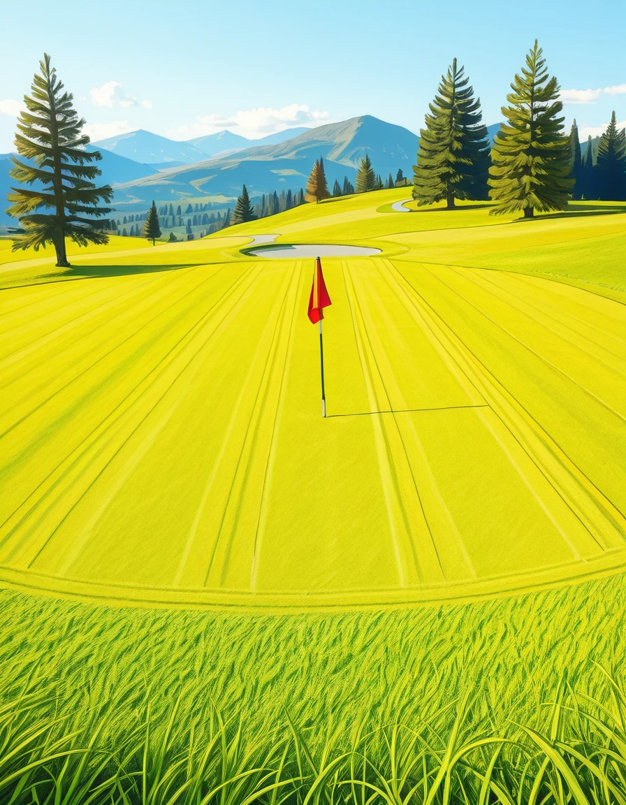 A beautifully maintained golf green in the golden light of late afternoon. The smooth, vibrant green grass is perfectly trimmed, with subtle undulations adding depth to the putting surface. A bright red flag flutters gently atop a sleek white pin, marking the hole at the center of the green. Surrounding the green, a soft fringe of slightly longer grass transitions into the rolling fairway, which stretches toward the horizon. In the background, tall pine trees cast long shadows, and a tranquil water hazard reflects the warm hues of the sky. The atmosphere is calm and inviting, capturing the essence of a perfect golfing moment.
<lora:SDXLFaeTastic2400:0.4> <lora:extremely_detailed:0.4> extremely detailed, <lora:golf_c0urs3-ill:1>,golf c0urs3, Masterpiece,best quality,hi res,8k,hi res,8k,award winning,(sharp focus, intricate, highly detailed),