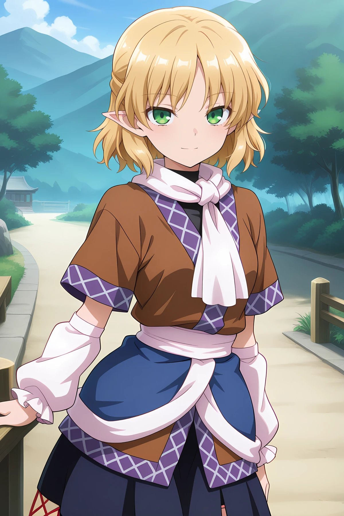 absurdres, highres, masterpiece, best quality, amazing quality, official anime artwork, screencap, anime screencap, outdoors, light smile, looking at viewer, dynamic pose, standing,
<lora:Parsee-Mizuhashi_Illustrious:1> mizuhashi parsee, 1girl, solo, green eyes, blonde hair, short hair, pointy ears,, brown shirt, short sleeves, white scarf, blue skirt, white arm warmers,
