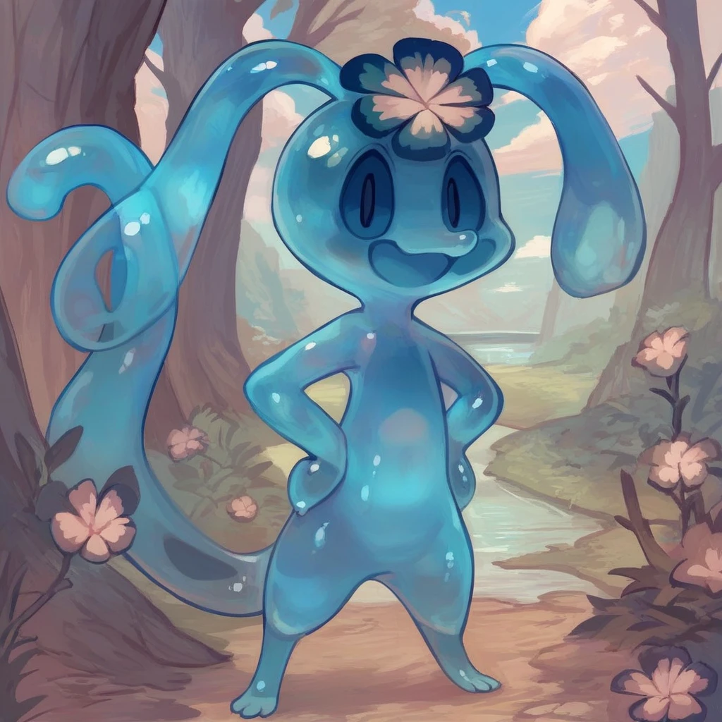 score_9, score_8_up, score_8, score_7, source_cartoon, Cress(FV), Solo, 1girl, semi-anthro, slime girl, blue body, Translucent body, tail, long ears, dark blue eyes, flower head ornament, full body, looking at viewer, smiling, standing, hands on , cloudy, forest setting, lake side,