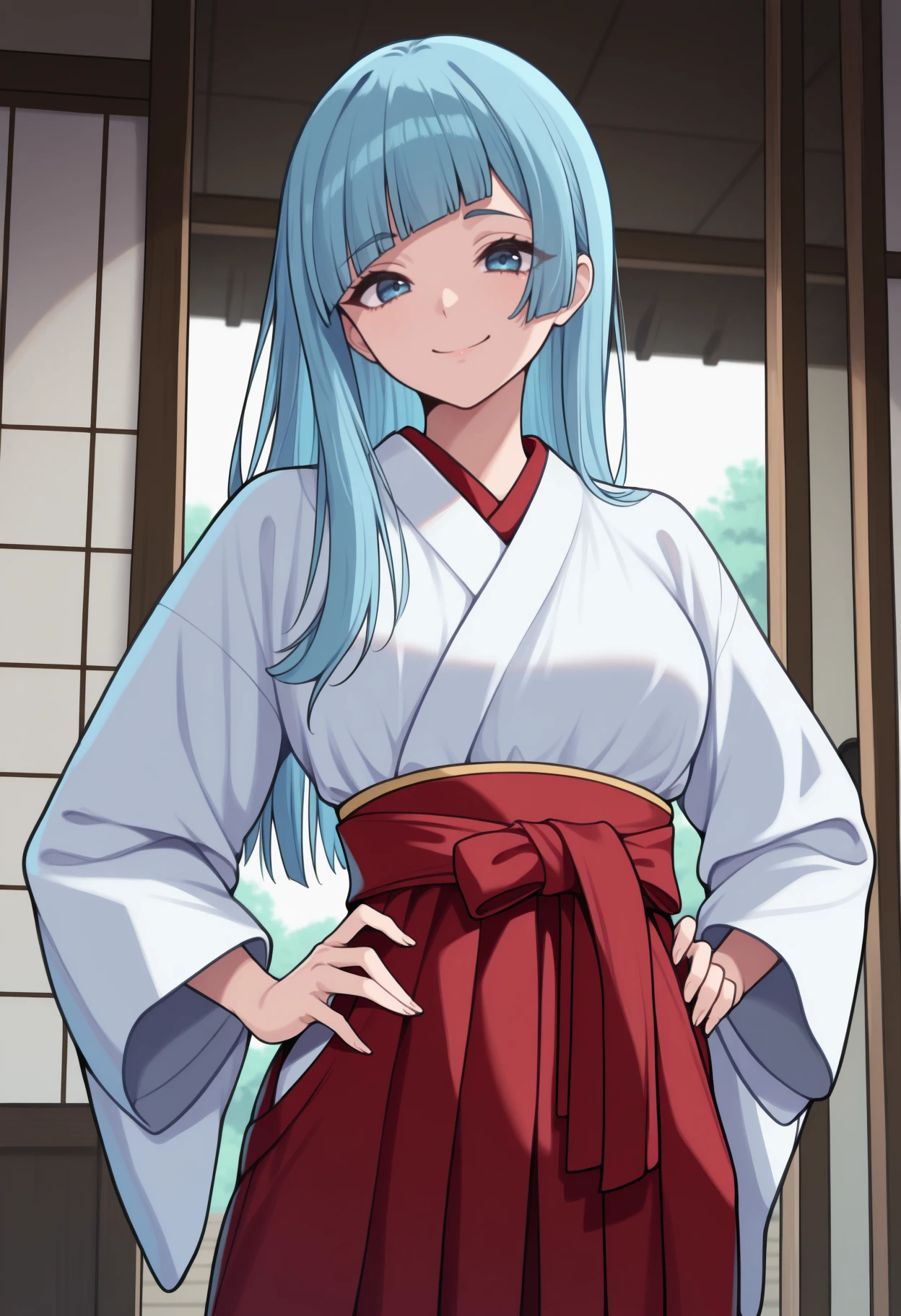 masterpiece, best quality, newest, anime, solo, 1girl, m1wa, smile, looking at viewer, hands on own hips, long hair, blue hair, straight hair, blunt bangs, diagonal bangs, blue eyes, japanese clothes, white kimono, red hakama, hakama skirt, indoors, east asian architecture, sliding doors
<segment:yolo-Anzhc Face seg 640 v2 y8n.pt,0.4,0.5//cid=1>