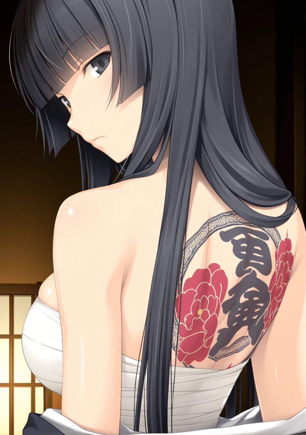 masterpiece, best quality, absurdres, perfect lighting,shiny skin,<lora:StS-Illustrious-Detail-Slider-v1.0:3>,<lora:illustrious_noobai_epsilon_pred_1_best_quality_v1:1>,1girl,large breasts,shizuku, black hair, long hair,blazer ,blunt bangs,black eyes,<lora:shizuku:0.9>,sarashi, kimono,from behind, back tattoo,tattoo,looking at viewer,expressionless,
