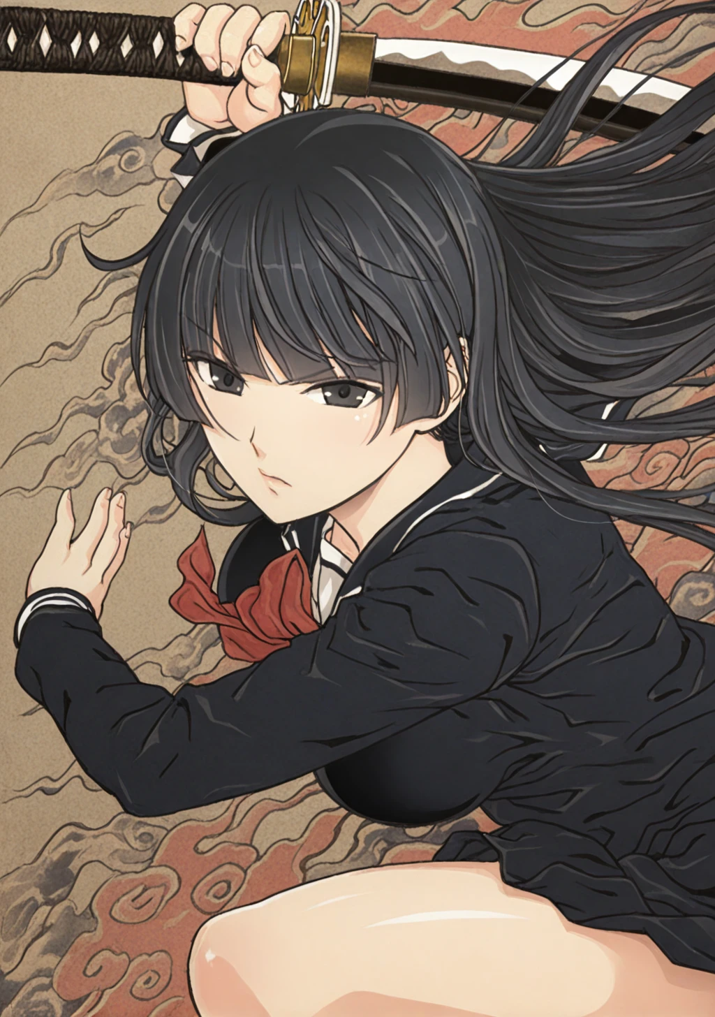 masterpiece, best quality, absurdres, perfect lighting,shiny skin,<lora:StS-Illustrious-Detail-Slider-v1.0:3>,<lora:illustrious_noobai_epsilon_pred_1_best_quality_v1:1>,1girl,large breasts,shizuku, black hair, long hair,blazer ,blunt bangs,black eyes,<lora:shizuku:1>,school uniform,black serafuku, traditional japanese art,dynamic pose,holding weapon, weapon, katana, <lora:traditional_japanese_art_illustriousXL:1>