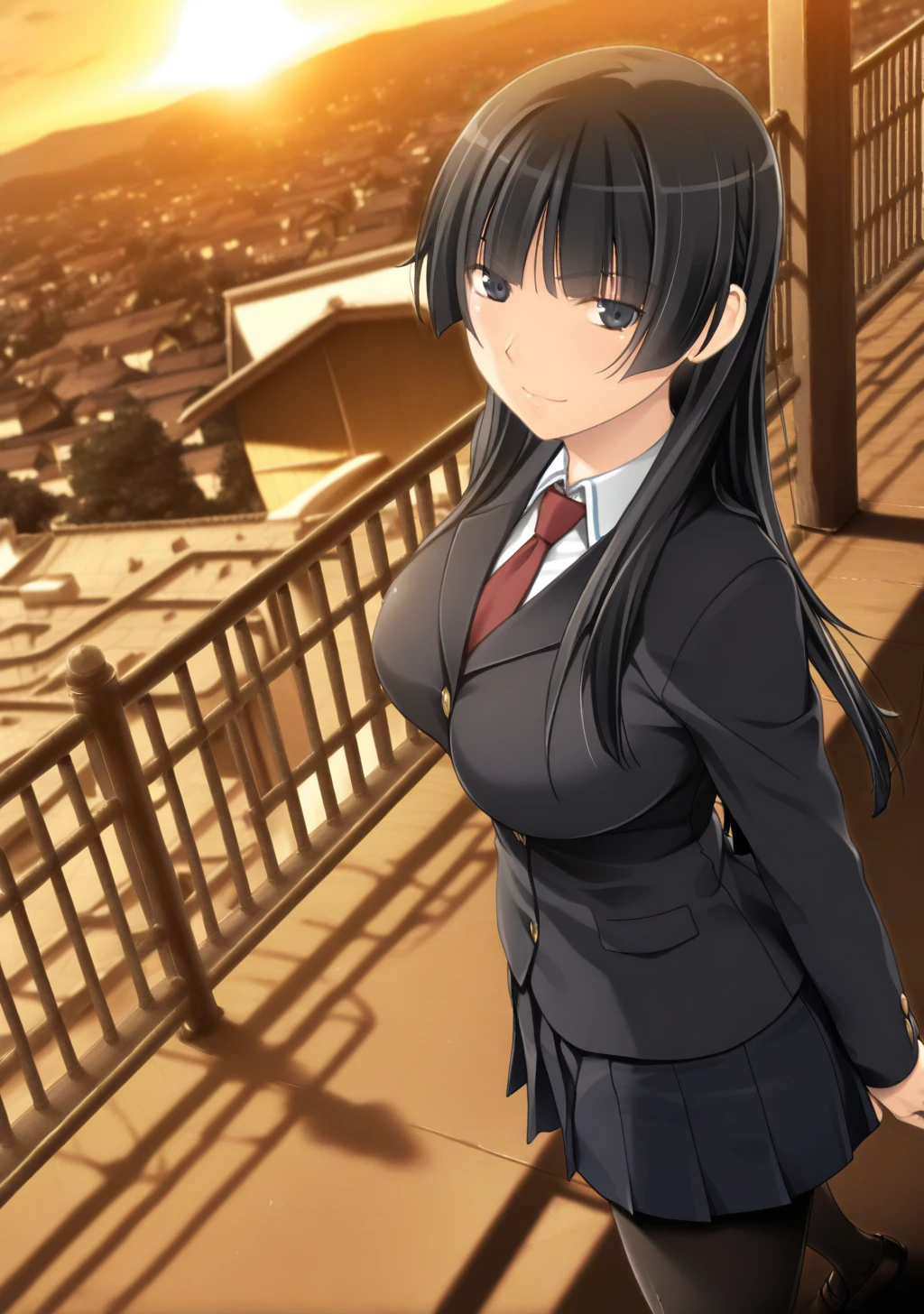 masterpiece, best quality, absurdres, perfect lighting,shiny skin,<lora:StS-Illustrious-Detail-Slider-v1.0:3>,<lora:illustrious_noobai_epsilon_pred_1_best_quality_v1:1>,1girl,large breasts,shizuku, black hair, long hair,blazer ,blunt bangs,black eyes,<lora:shizuku:1>,school uniform,red necktie,skirt,black pantyhose,loafers,depth of field,looking at viewer,light smile,rooftop, depth of field, sunset,fence,