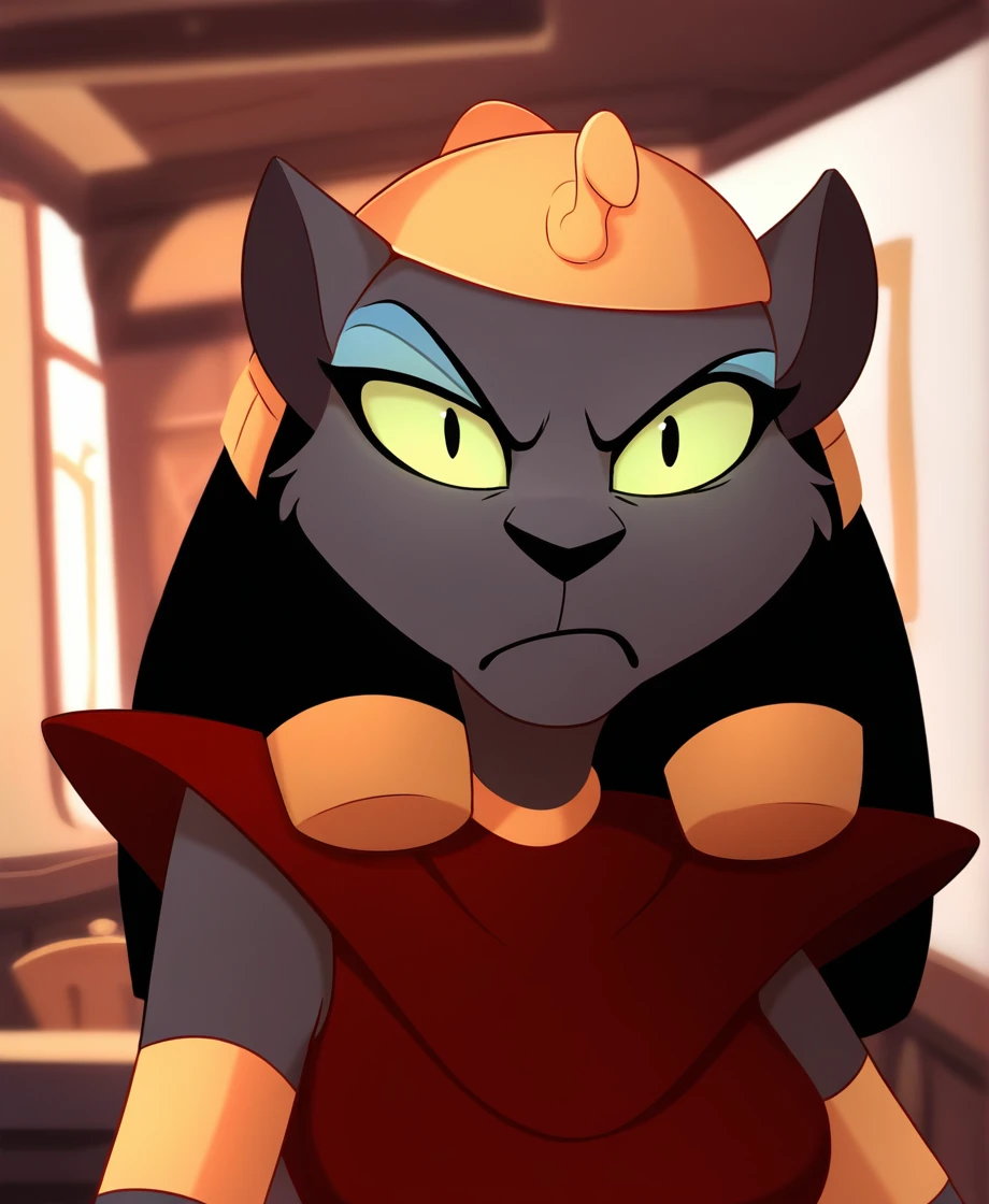 masterpiece, highly detailed, solo, mirage, red clothes, uraeus, female, frown, portrait, eyeshadow, annoyed, looking at viewer, green sclera, dining room, by ladnelsiya, <lora:MirageXL_03-Noob-nd32-na32-lr2-ep17:1>