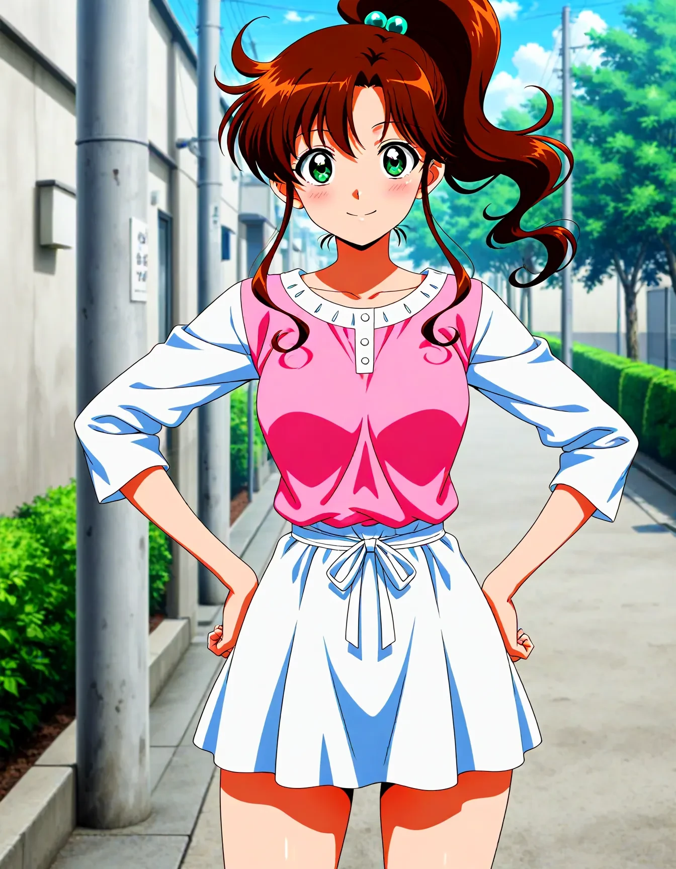 <lora:dmd2_sdxl_4step:1>,official style,masterpiece,best quality,newest,absurdres,highres,very awa,Anime,anime coloring,anime screencap,<lora:Sailor_Jupiter_v3:1>,kino makoto,1girl,solo,ponytail,high ponytail,medium hair,medium breasts,parted bangs,sidelocks,brown hair,hair ornament,green eyes,hair bobbles,thighs,casual,outdoors,smile,stylish_pose,