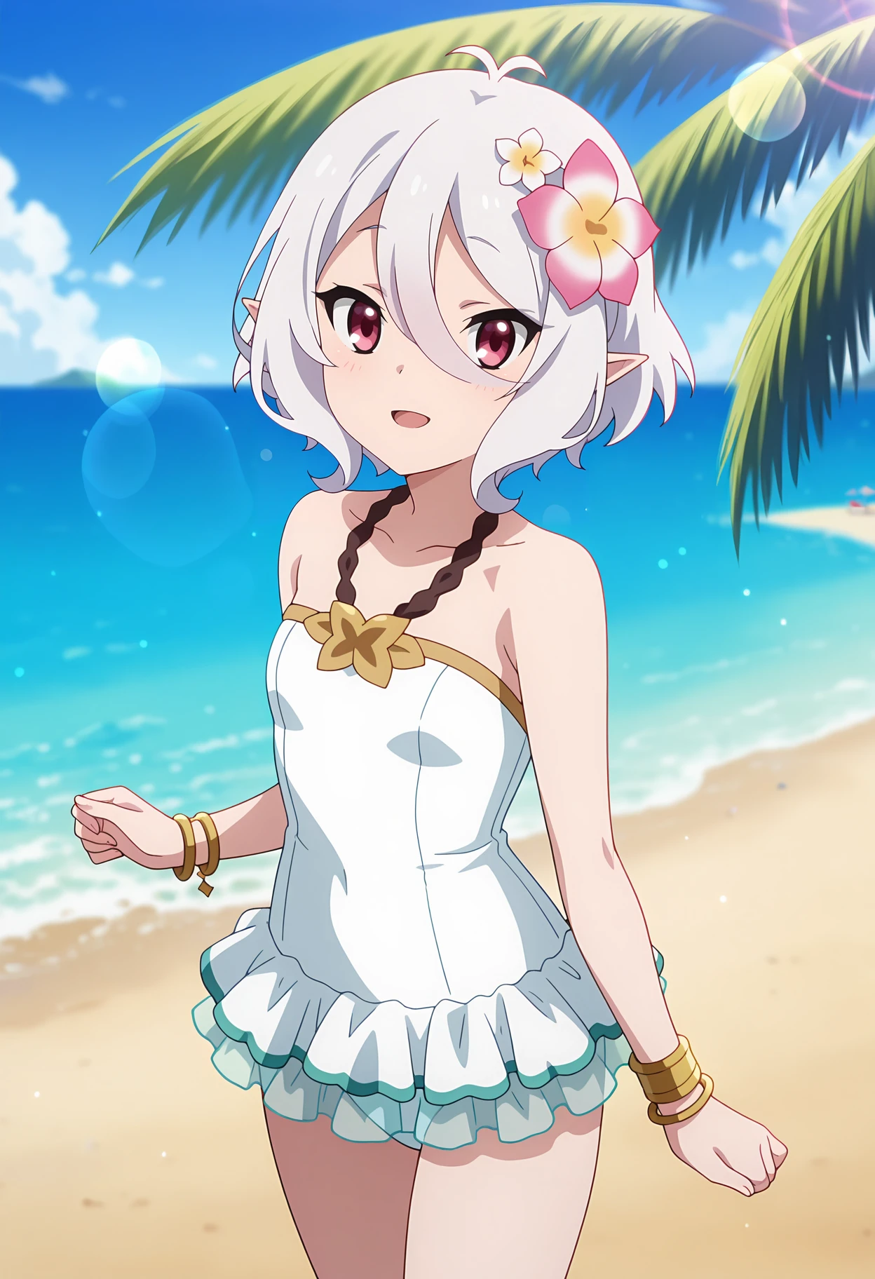 anime screencap, masterpiece, best quality,
<lora:PrincessConnect_Kokkoro_IlluXL:0.9>,
1girl, solo, open mouth, light smile, light blush,
short hair, hair between eyes, antenna hair, white hair, magenta eyes, pointy ears, hair flower,
KokkoroSwimsuit, frilled one-piece swimsuit, white one-piece swimsuit, bracelet,
standing, looking at viewer,
blurry background, day, lens flare, beach, horizon, palm tree, blue sky