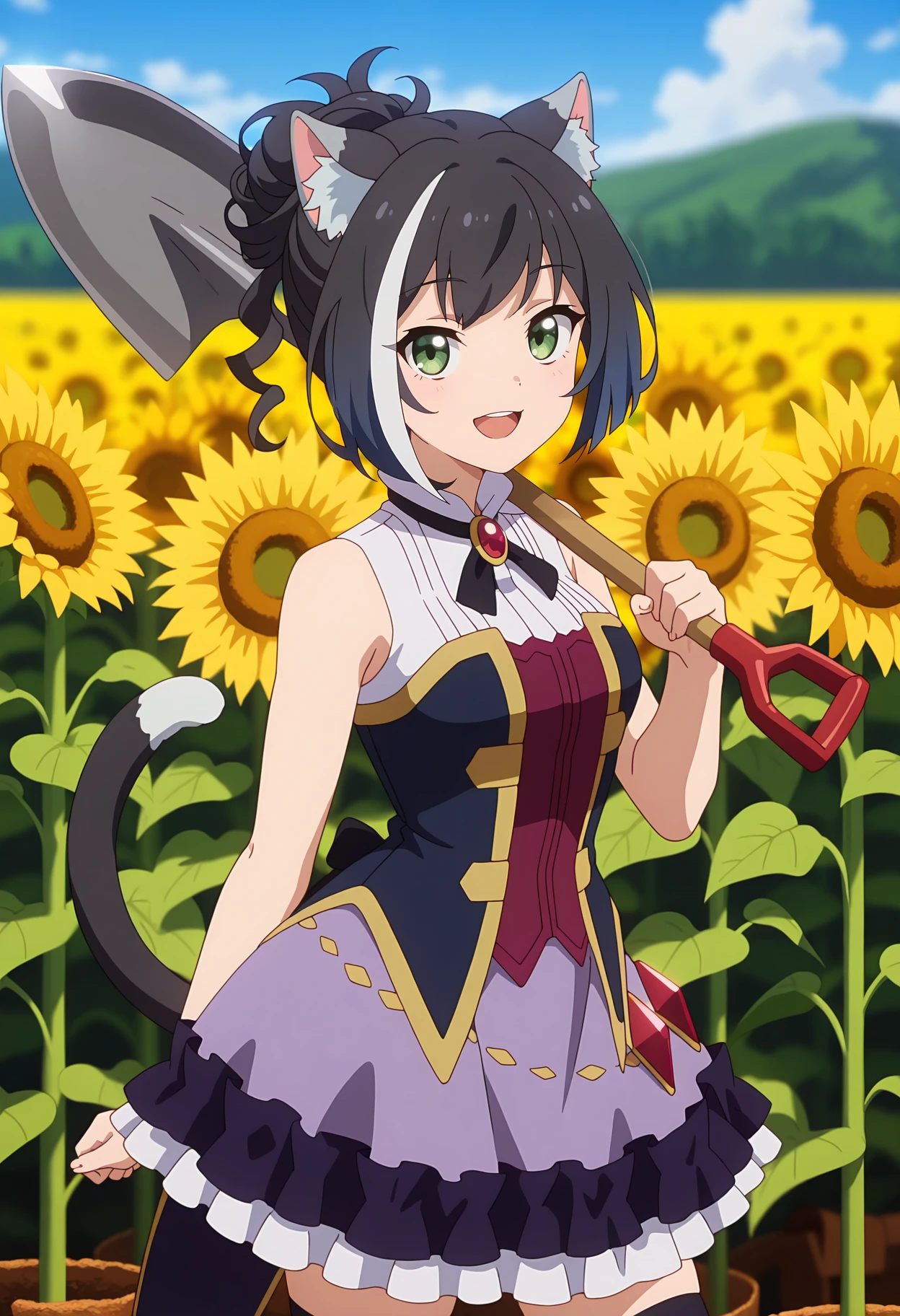 anime screencap, masterpiece, best quality,
<lora:PrincessConnect_Karyl_IlluXL:0.9>,
1girl, solo, open mouth, smile,
ponytail, short hair, streaked hair, black hair, white hair, green eyes, cat ears, cat tail,
KarylDress, sleeveless dress, multicolored dress, red brooch, gold trim, red gemstone, frilled skirt, purple skirt, black thighhighs,
holding shovel, over shoulder,
standing, looking at viewer,
blurry background, sunflower field, day