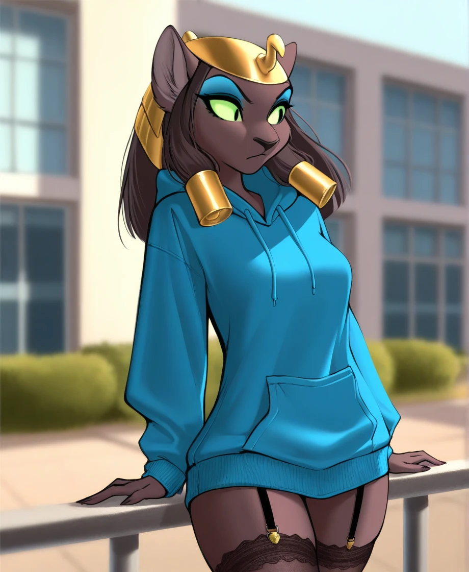 masterpiece, highly detailed, solo, mirage, blue hoodie, stockings, uraeus, female, eyeshadow, green sclera, school, outside, by chatski, <lora:MirageXL_03-Illus-nd32-na32-lr2-ep11:1>