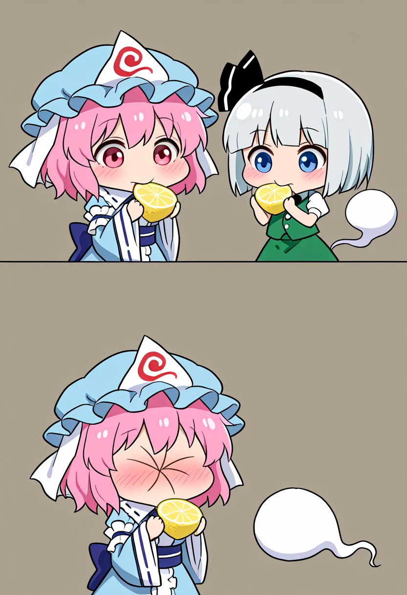 (masterpiece, best quality, amazing quality), absurdres, very awa, thour_meme, sour (taste), 2koma, 
blush,  2girls, multiple girls, chibi, konpaku youmu, saigyouji yuyuko, konpaku youmu (ghost), simple background, holding, hands up, eating, lemon, <lora:Lemon_-_Thour_meme_-_Puckered_Face:1>