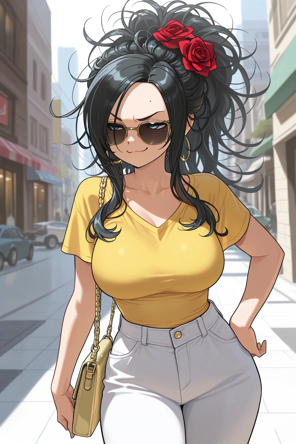 (masterpiece, best quality:1.2),(1girl), (girl), (woman),( cowboy shot), (solo), (fushiguro toji), (evil grin), (looking at viewer), (black shirt), (short sleeves), (pants), (long hair), (green eyes), (scar on right hips), 8k ,raw photo, (film grain, bokeh, blurry foreground, blurry background), sharp focus, cinematic lighting, (large breasts), ( quality smile), (correct anatomy), hoops earrings,red lipstick , ponytail