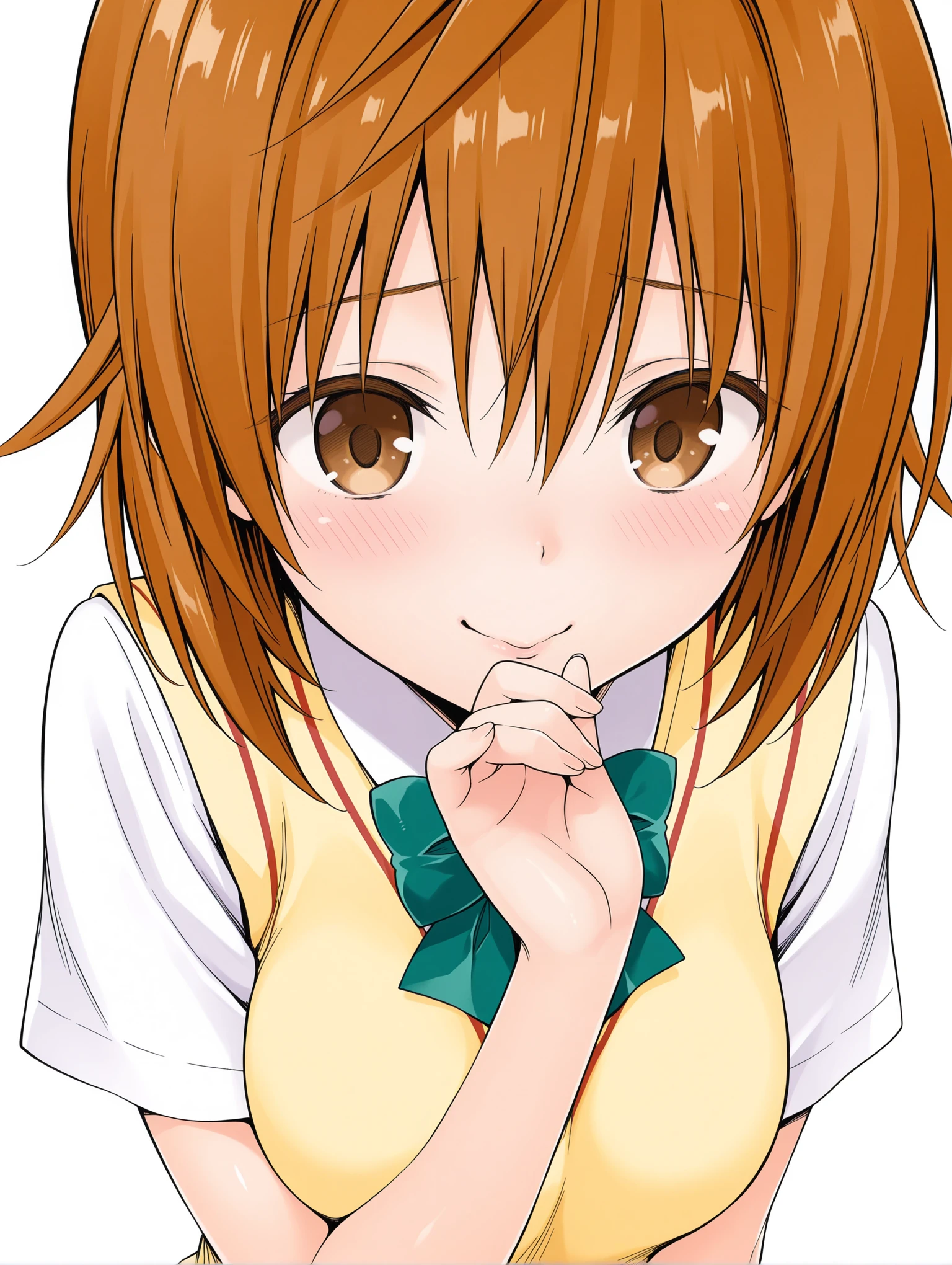 masterpiece,best quality,amazing quality,
1girl,solo,
<lora:y_riko_ilxl_v1.1:1>,riko,brown hair,brown eyes,r_clothes,green bowtie,short sleeve blouse,sweater vest,yellow vest,
<lora:Fixhands_anime_bdsqlsz_V1:1>,looking_at_viewer,simple_background,white background,face_focus,upper_body,hand_in_hair,giggling,light_blush,profile,