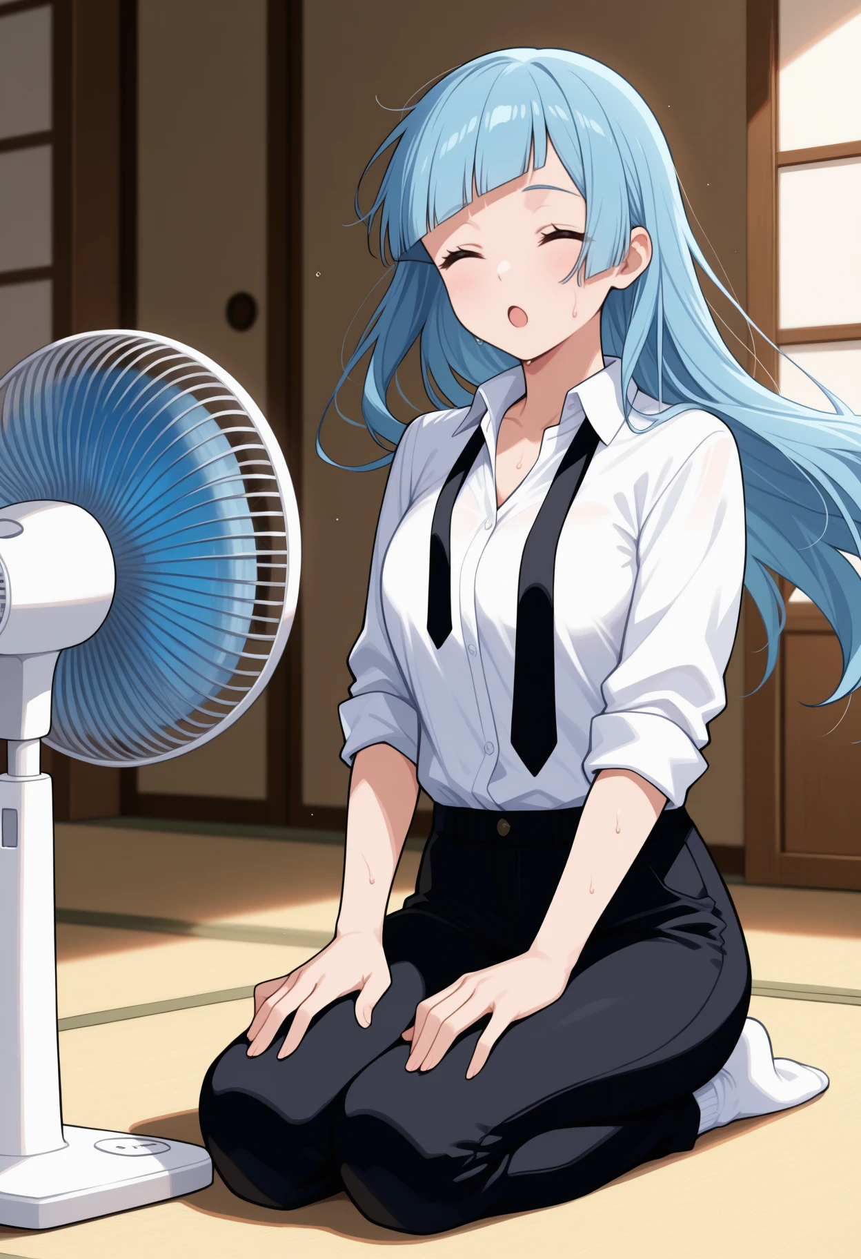 masterpiece, best quality, newest, full body, solo, 1girl, m1wa, sweat, :o, seiza, hands on own thighs, fanning self, electric fan, long hair, blue hair, floating hair, blunt bangs, diagonal bangs, closed eyes, ^ ^, white shirt, collared shirt, black necktie, undone necktie, sleeves rolled up, black pants, white socks, indoors
<segment:yolo-Anzhc Face seg 640 v2 y8n.pt,0.4,0.5//cid=1>